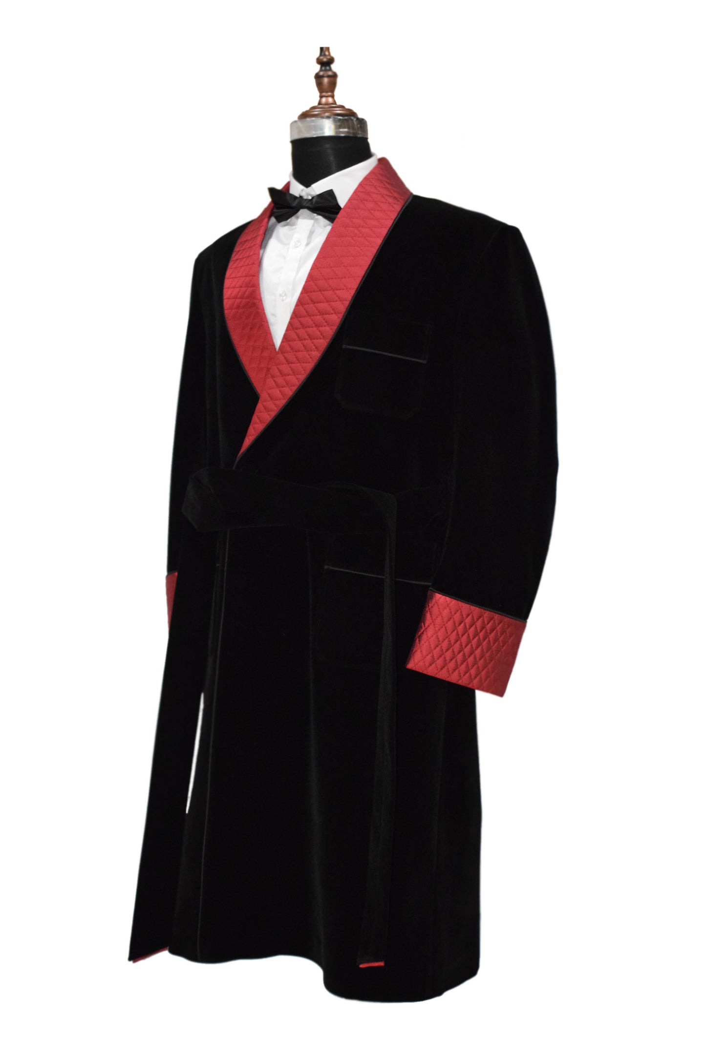 Men Black Smoking Jacket Long Coat with Quilted Lapel, Cuffs and Belt