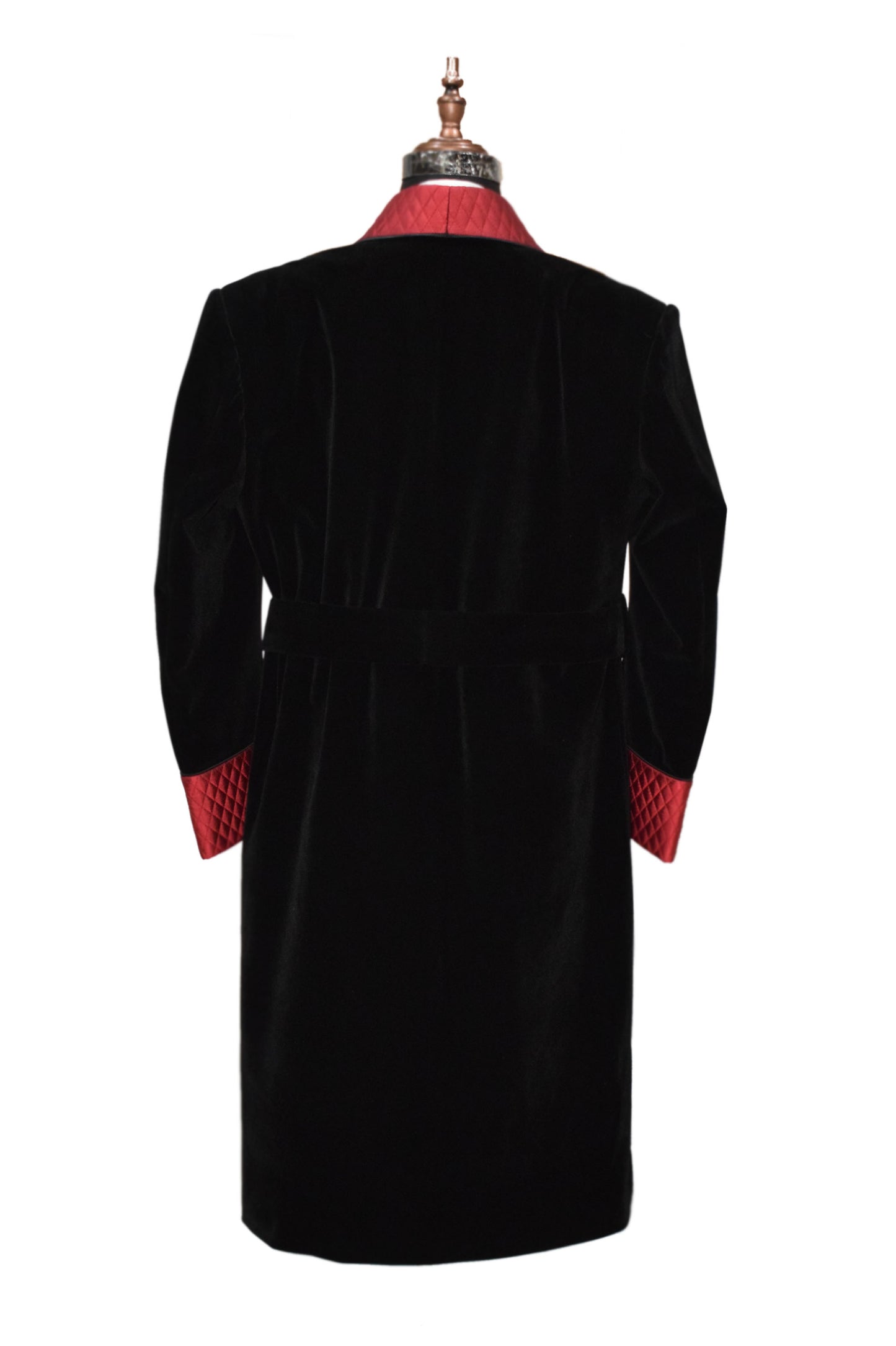 Men Black Smoking Jacket Long Coat with Quilted Lapel, Cuffs and Belt