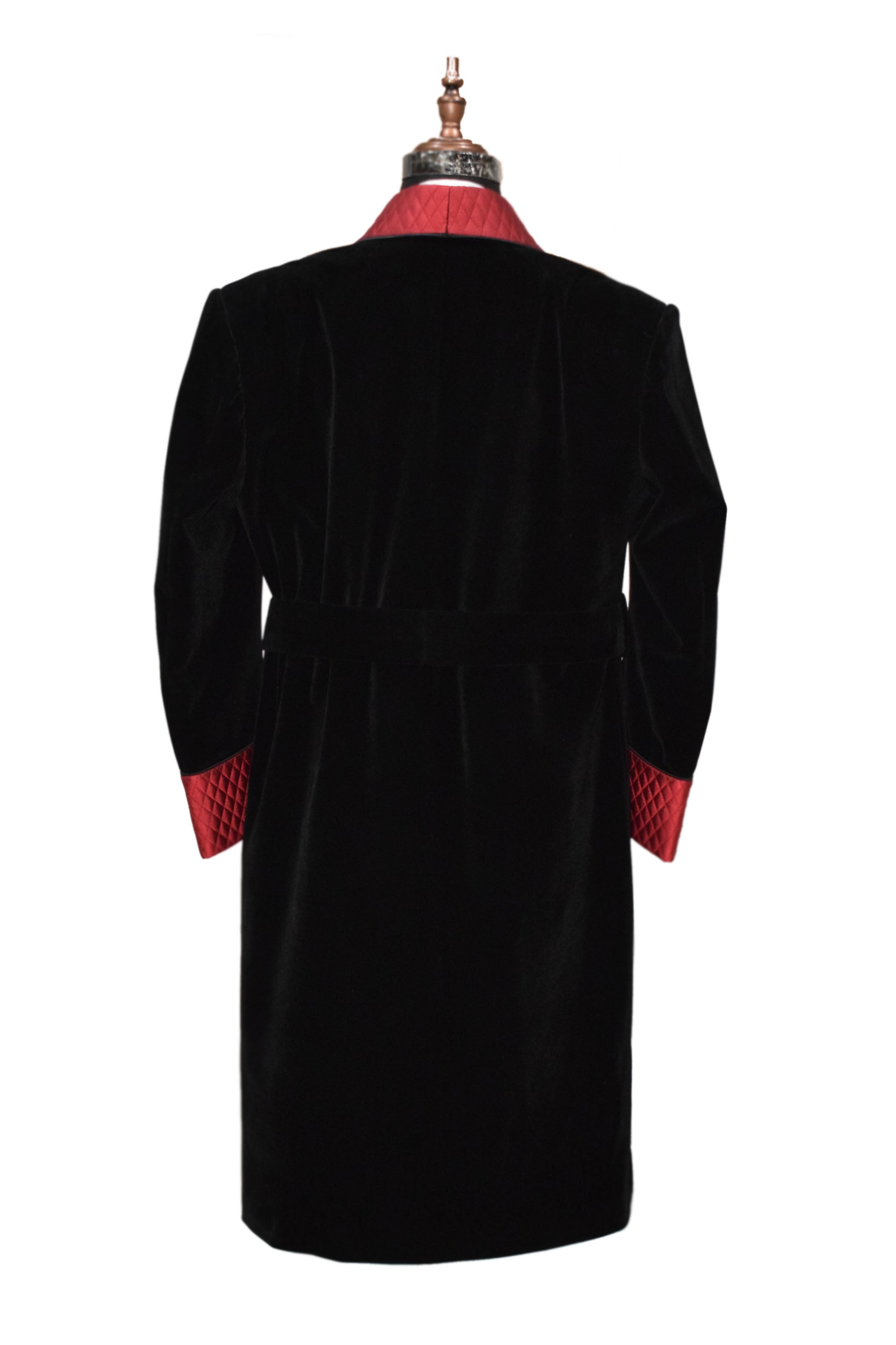 Men Black Smoking Jacket Long Coat with Quilted Lapel, Cuffs and Belt
