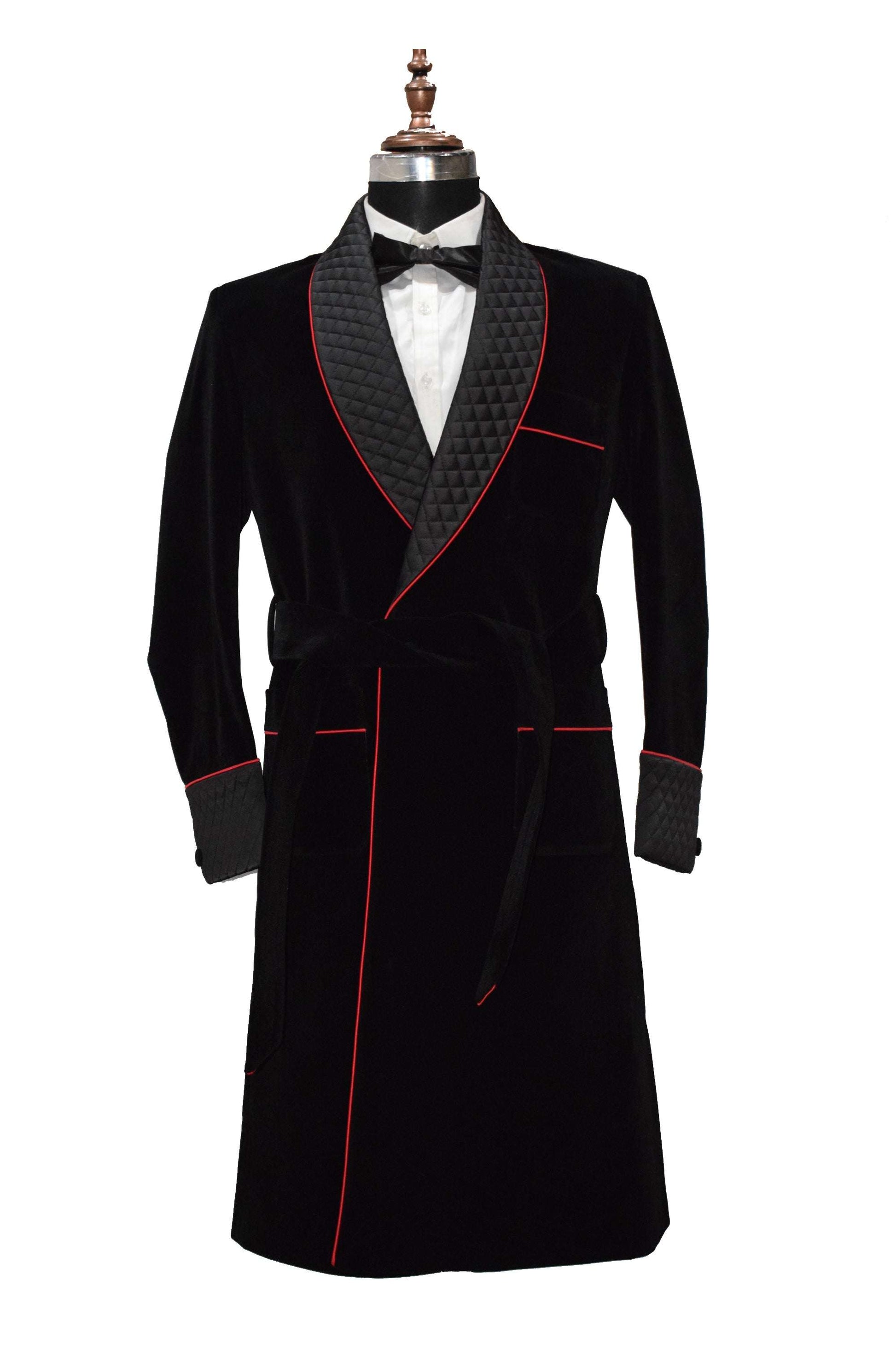 Black velvet smoking jacket long coat robe with quilted lapels and belt.