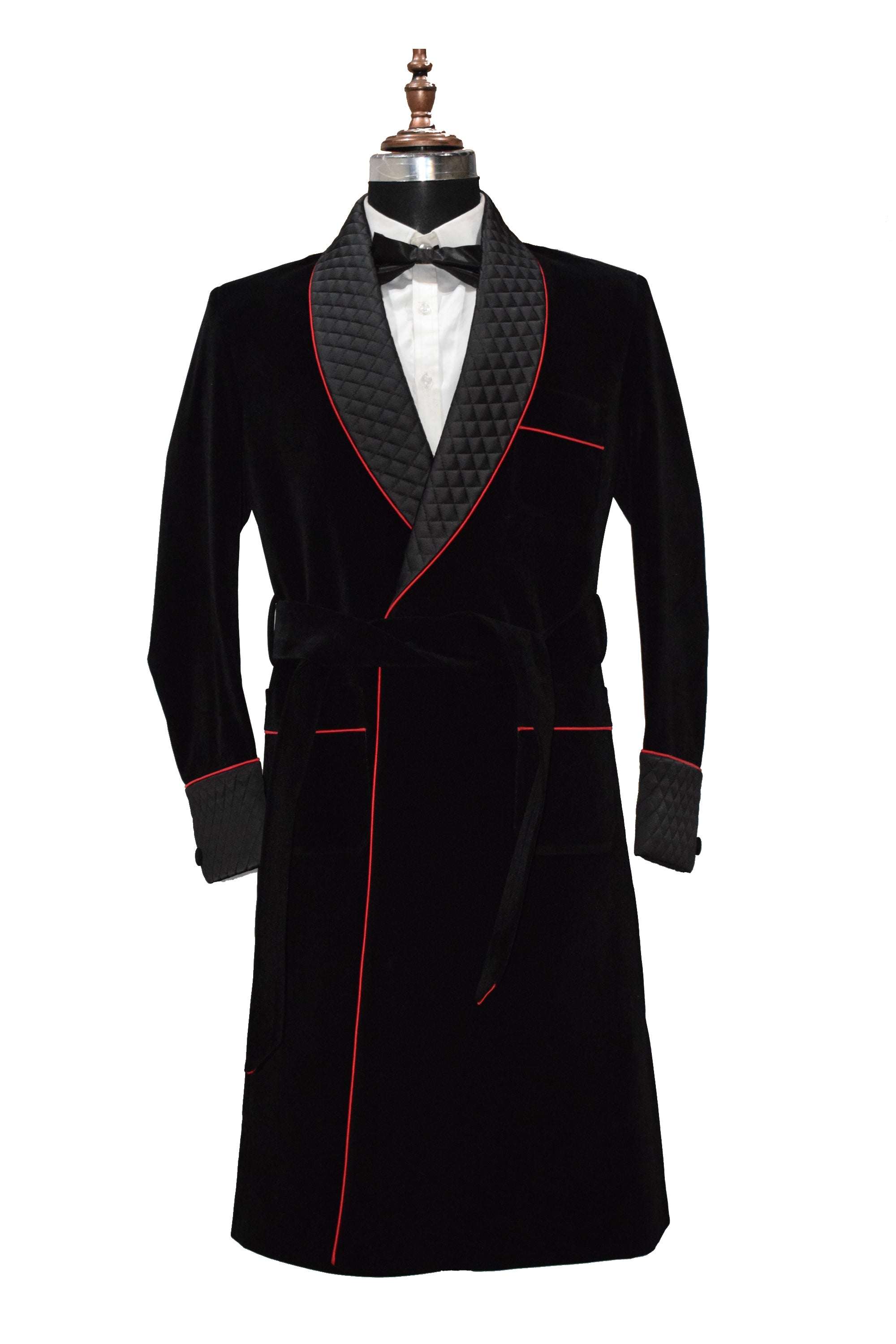 Black velvet smoking jacket long coat robe with quilted lapels and belt.