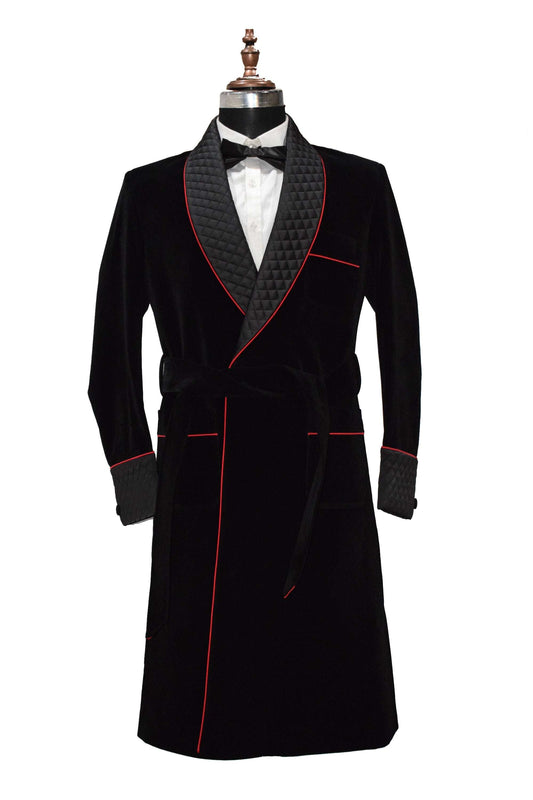 Black velvet smoking jacket long coat robe with quilted lapels and belt.