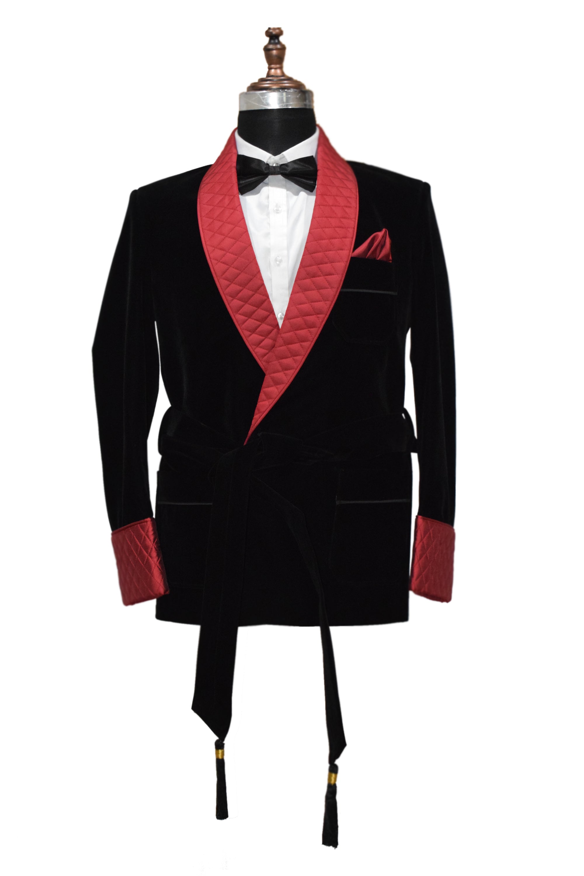 Men Black Smoking Jacket Quilted Lapel and Cuffs with Belt