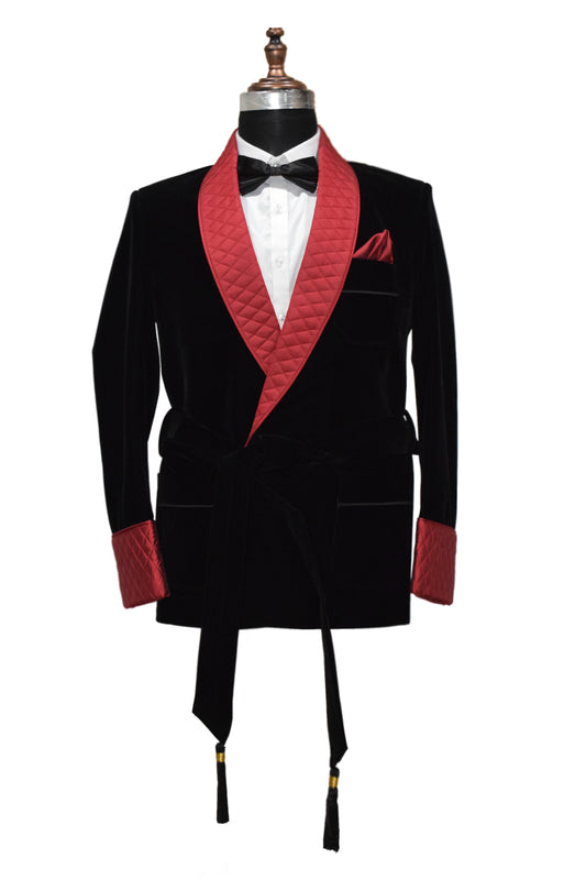 Men Black Smoking Jacket Quilted Lapel and Cuffs with Belt