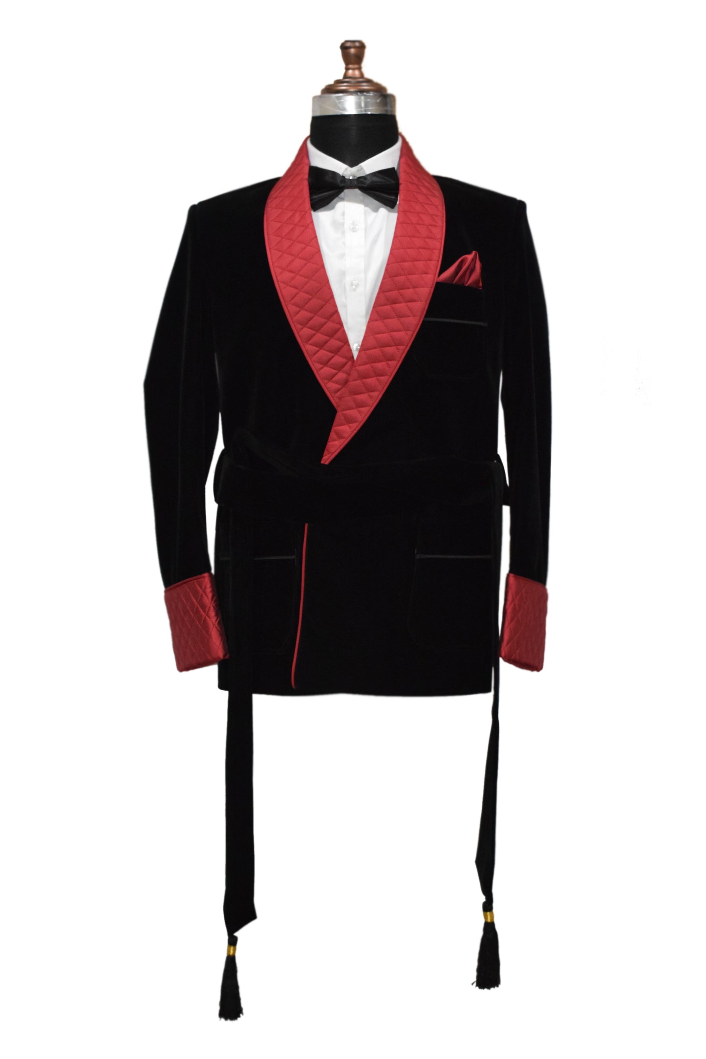 Men Black Smoking Jacket Quilted Lapel and Cuffs with Belt