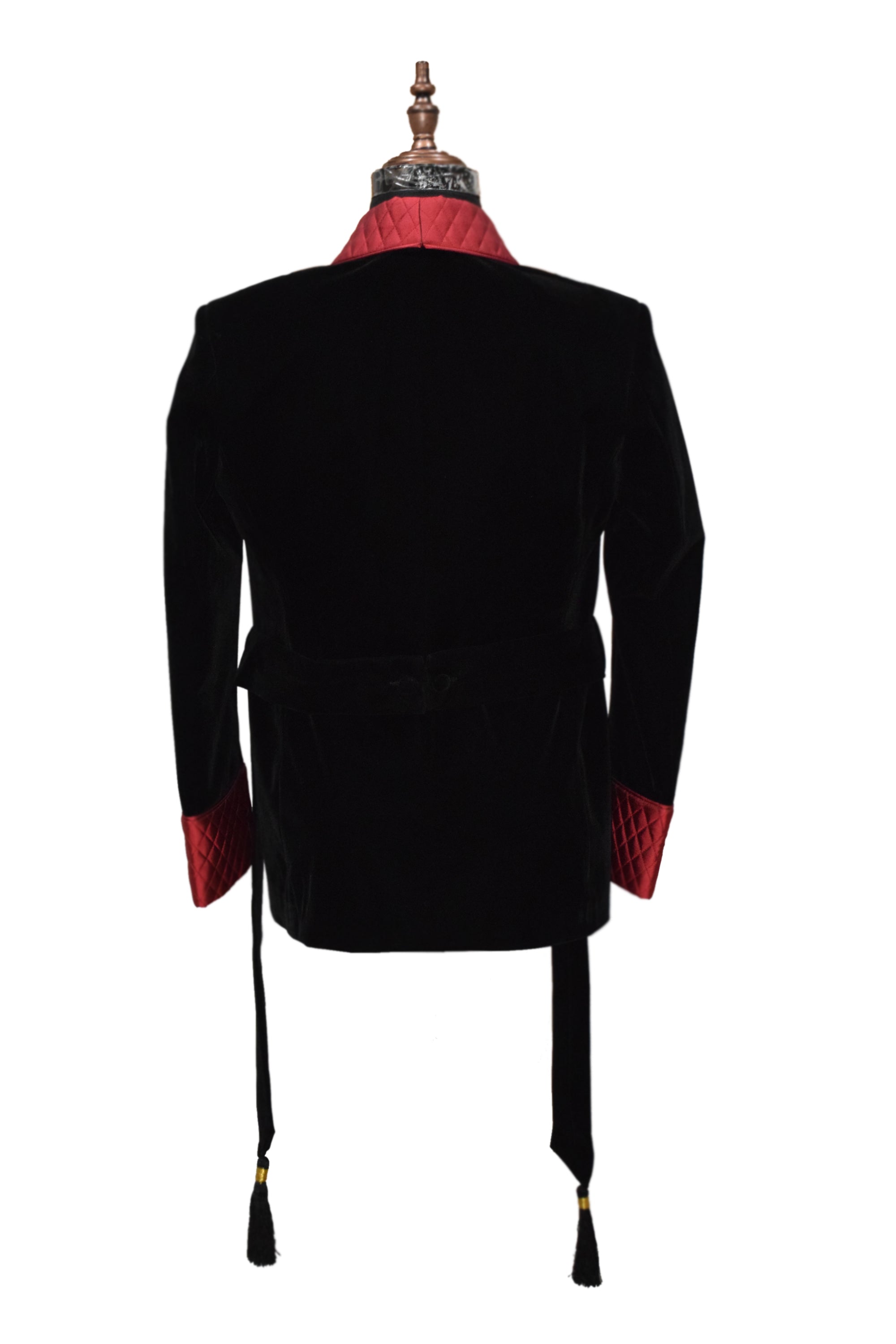 Men Black Smoking Jacket Quilted Lapel and Cuffs with Belt