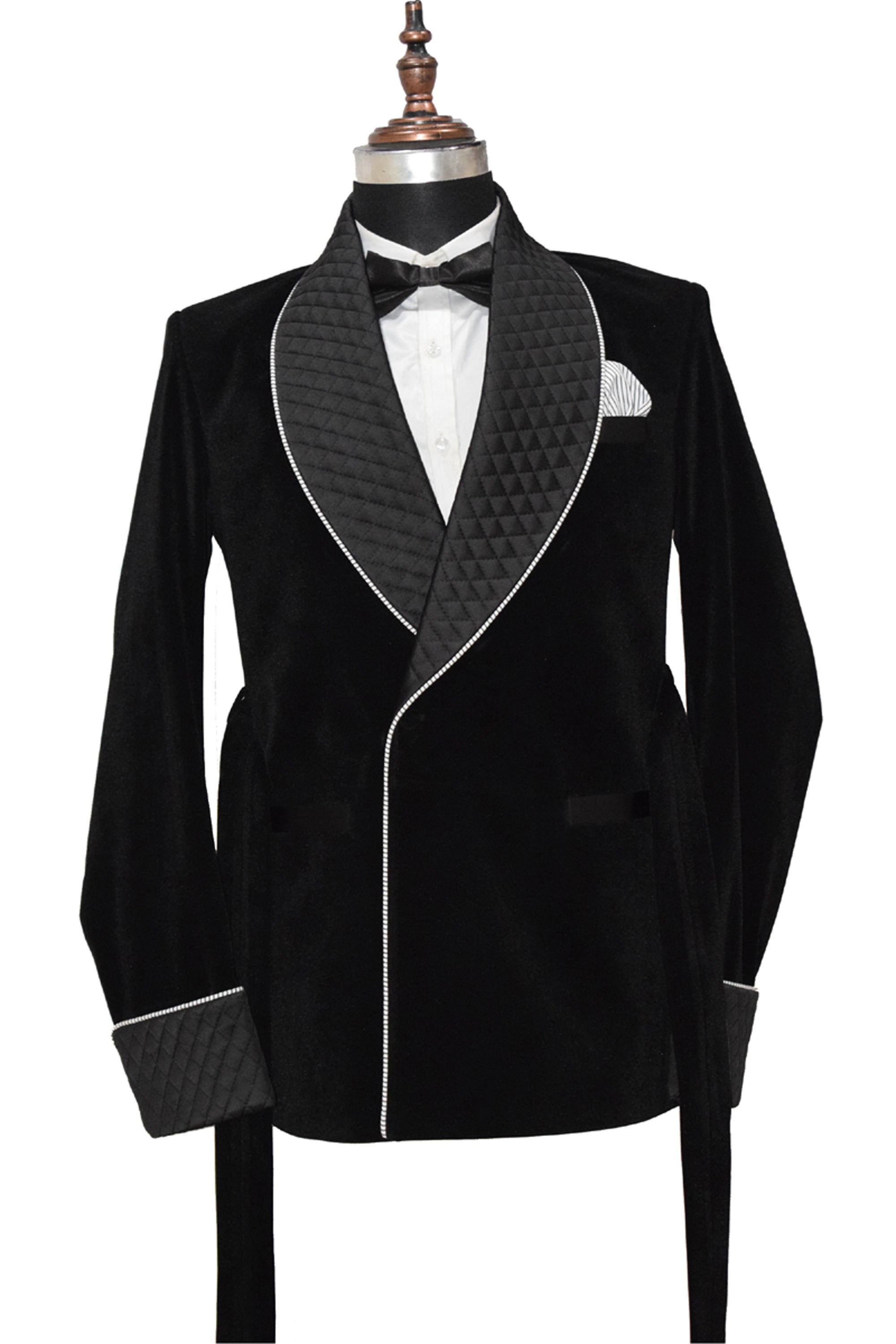 Men Black Smoking Jacket Quilted Lapel, Cuffs with Belt