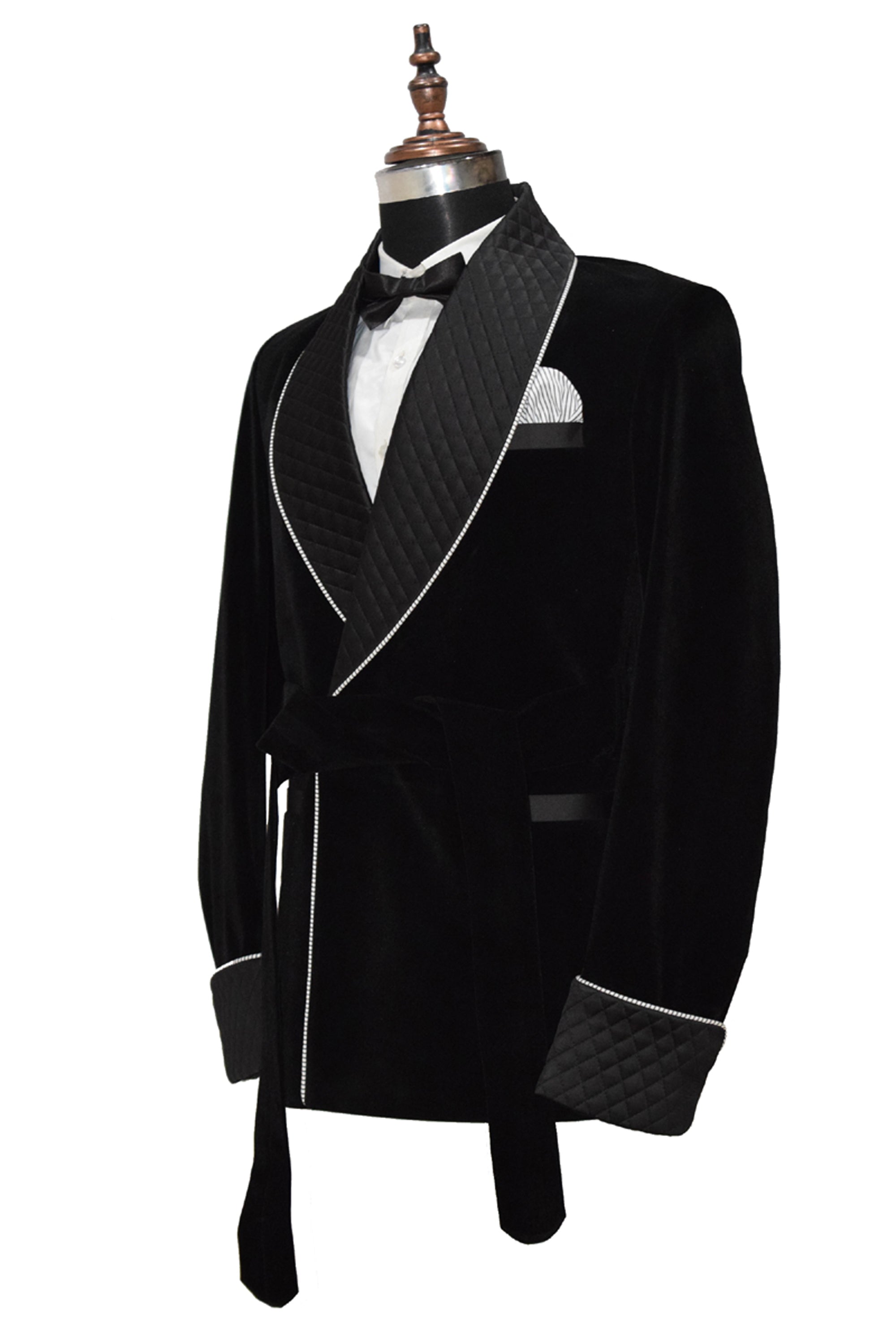 Men Black Smoking Jacket Quilted Lapel, Cuffs with Belt
