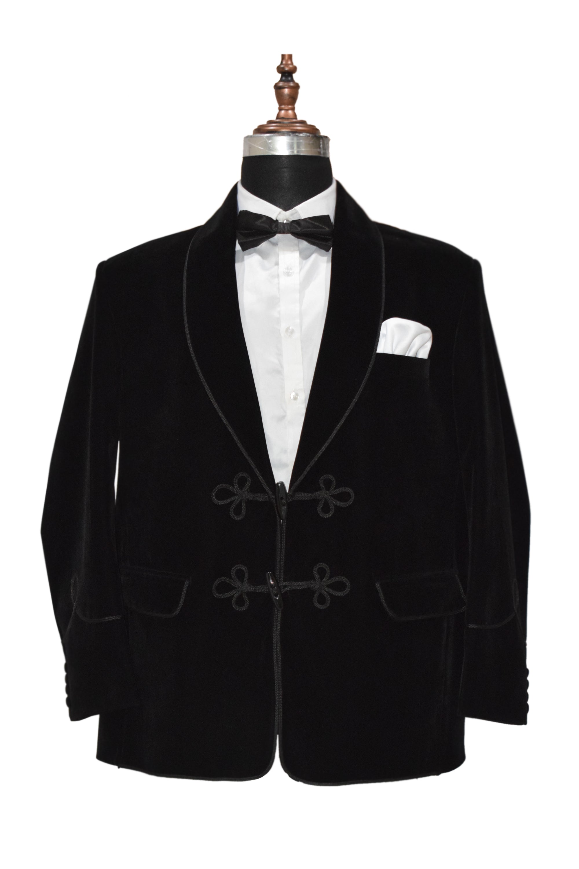 Men Black Velvet Smoking Jacket with Frog Closure