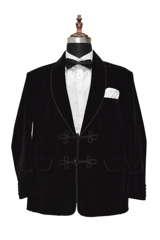 Men Black Velvet Smoking Jacket with Frog Closure
