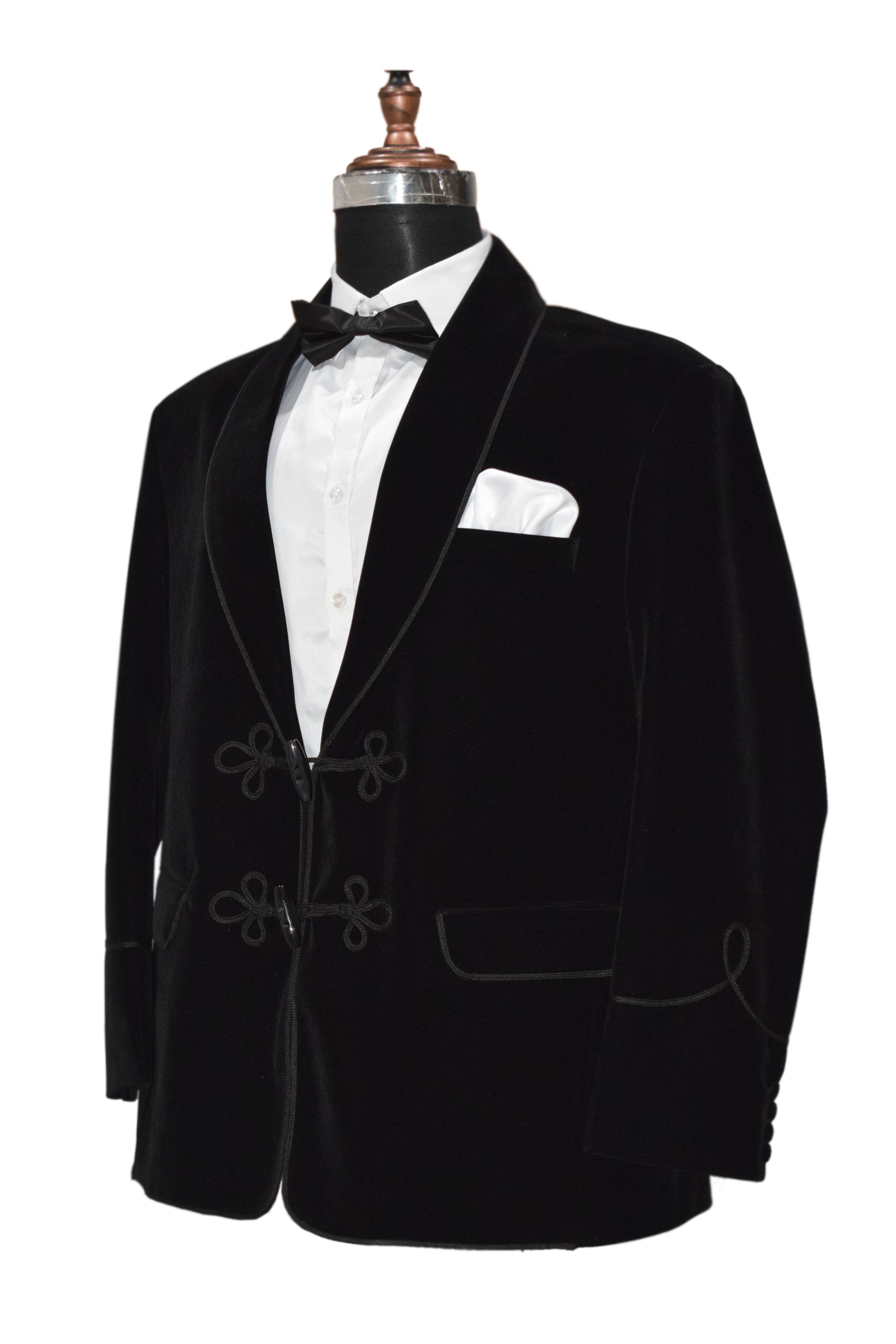 Men Black Velvet Smoking Jacket with Frog Closure