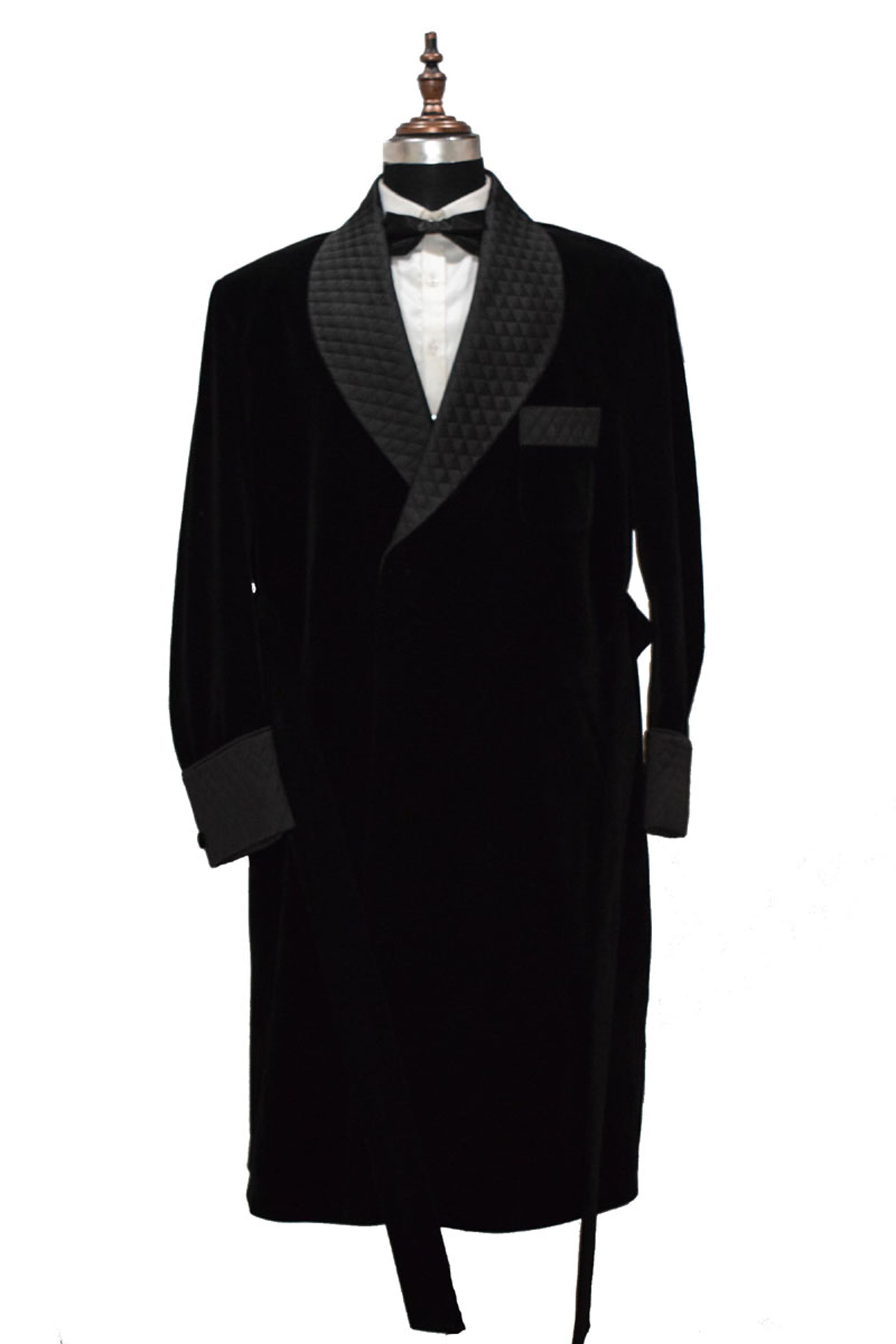 Men Black Smoking Jacket Long Coat with Quilted Lapel, Cuffs and Belt