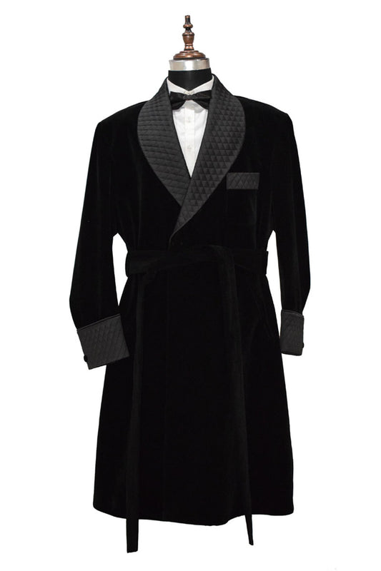 Men's black smoking long coat with quilted lapel, cuffs, and belt.