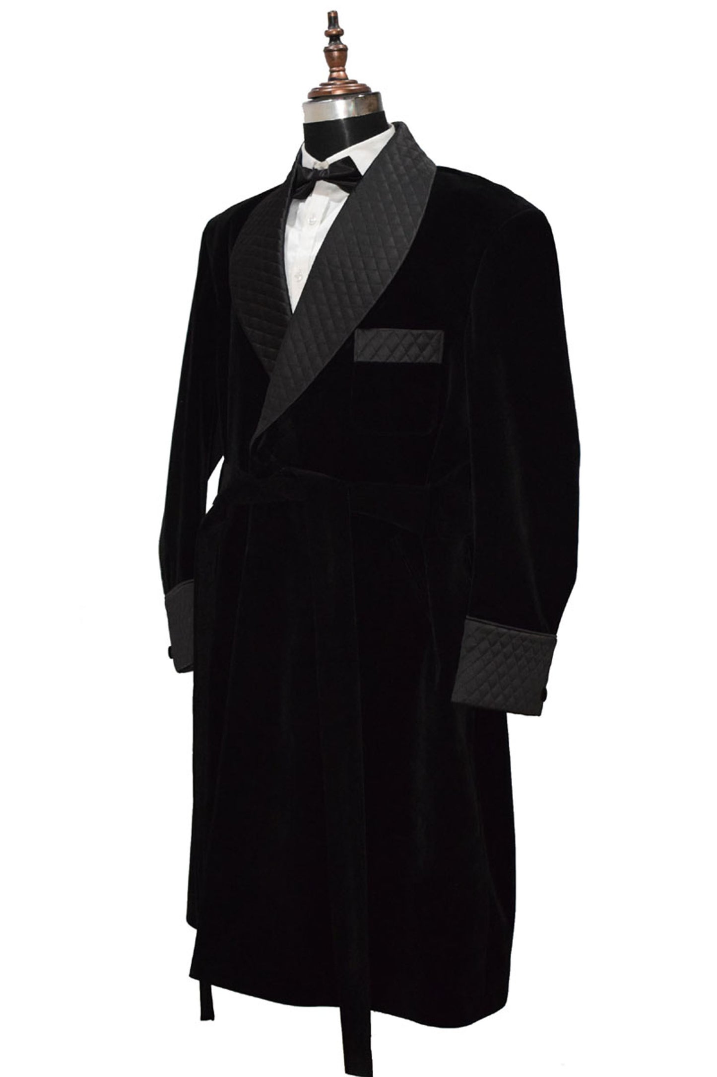 Men Black Smoking Jacket Long Coat with Quilted Lapel, Cuffs and Belt