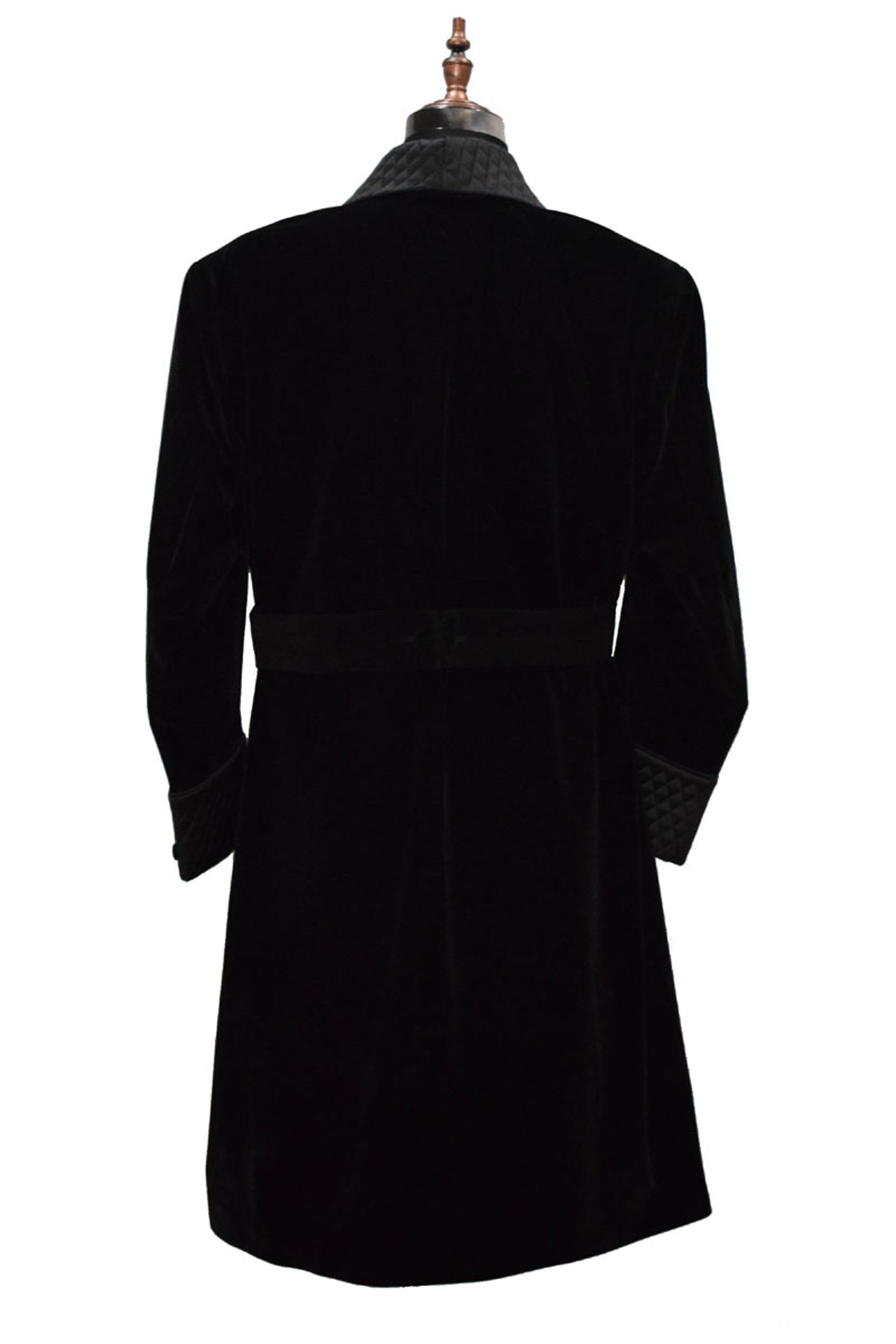 Men Black Smoking Jacket Long Coat with Quilted Lapel, Cuffs and Belt