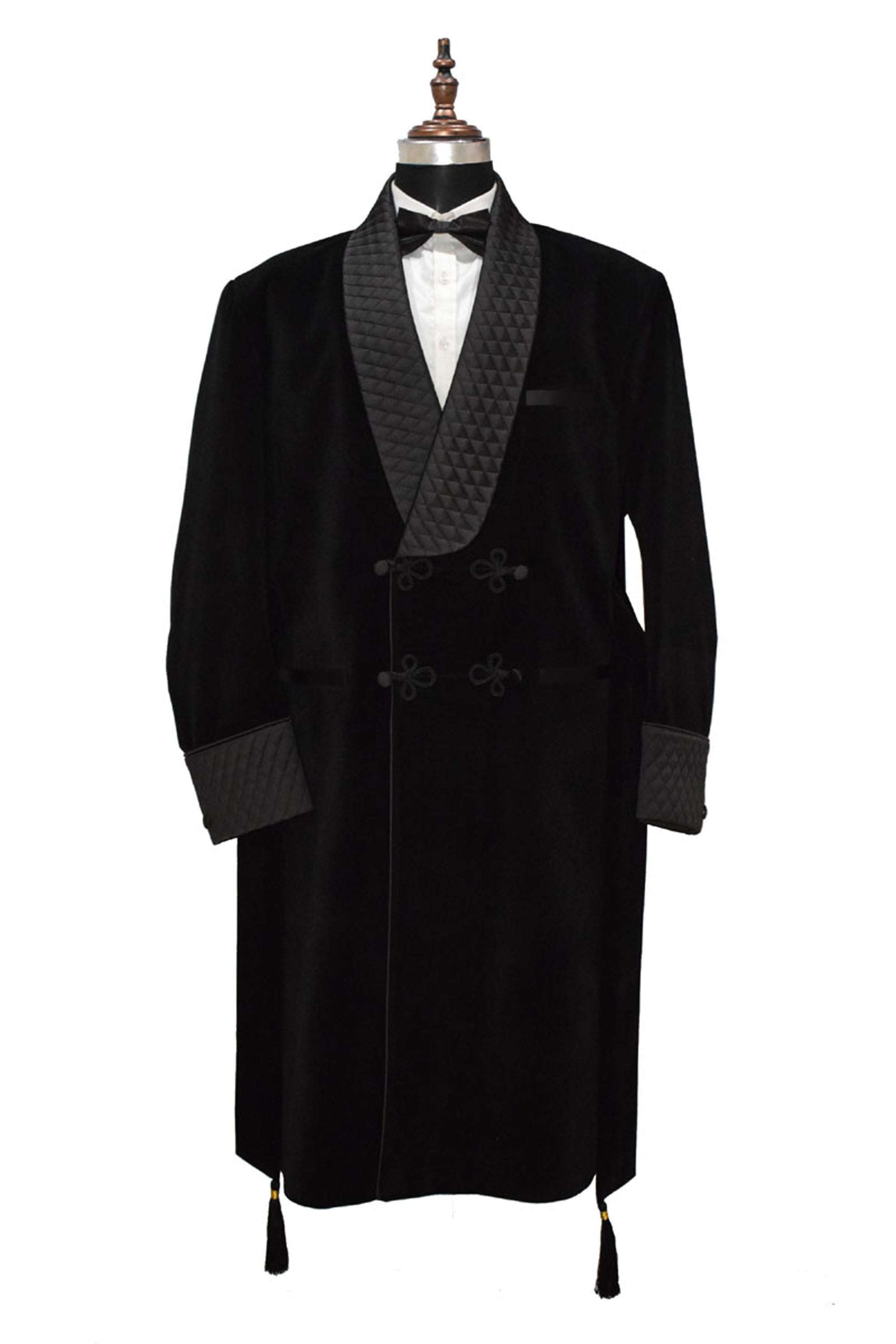 Men's black smoking jacket long coat with quilted lapel and cuffs.