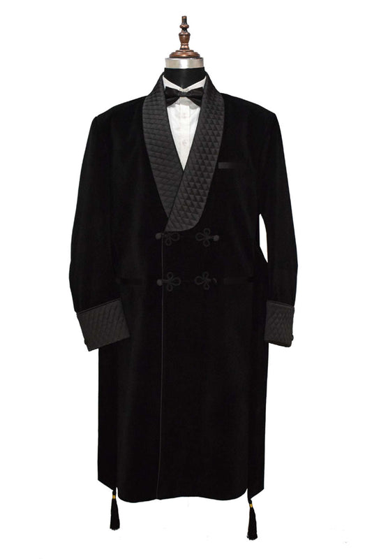 Men's black smoking jacket long coat with quilted lapel and cuffs.