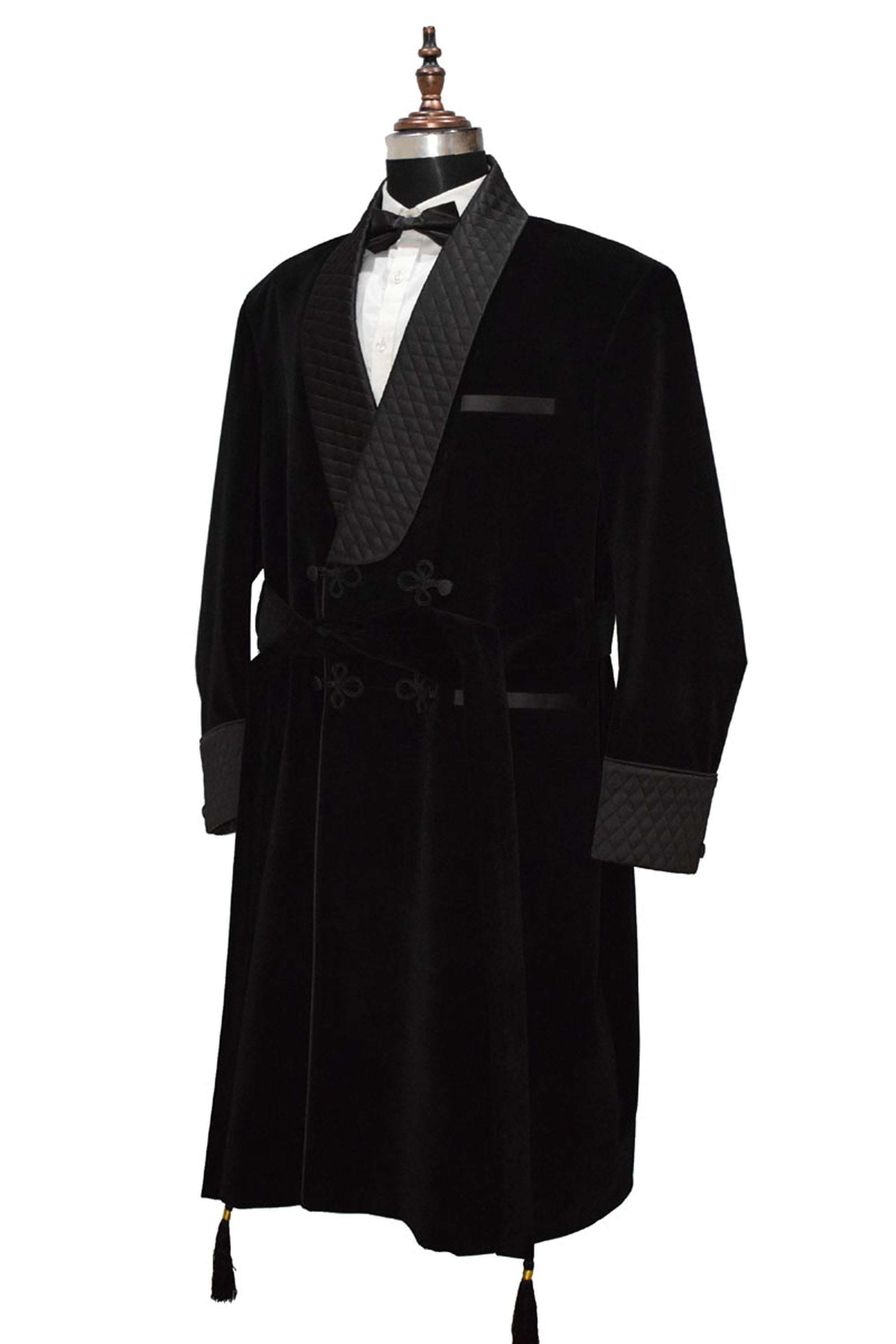 Men Black Smoking Jacket Long Coat with Quilted Lapel, Cuffs and Belt