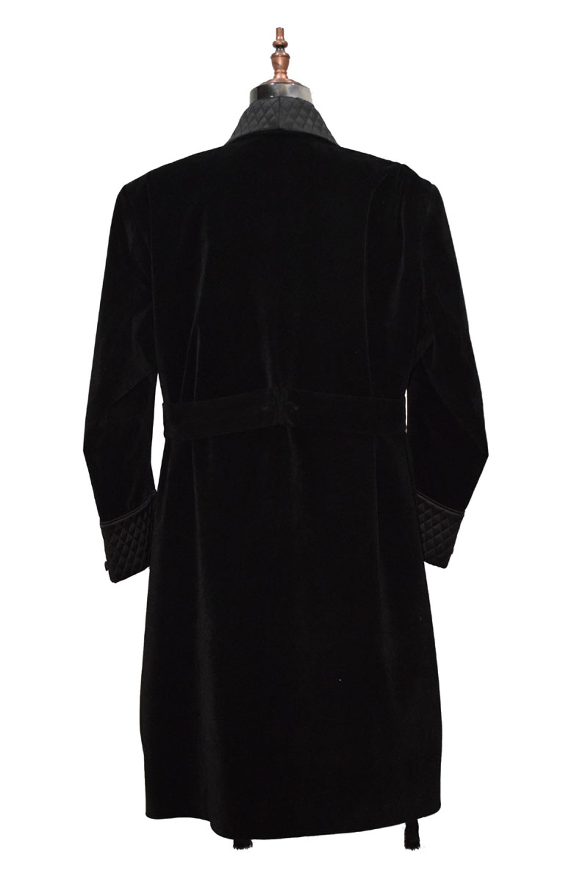 Men Black Smoking Jacket Long Coat with Quilted Lapel, Cuffs and Belt