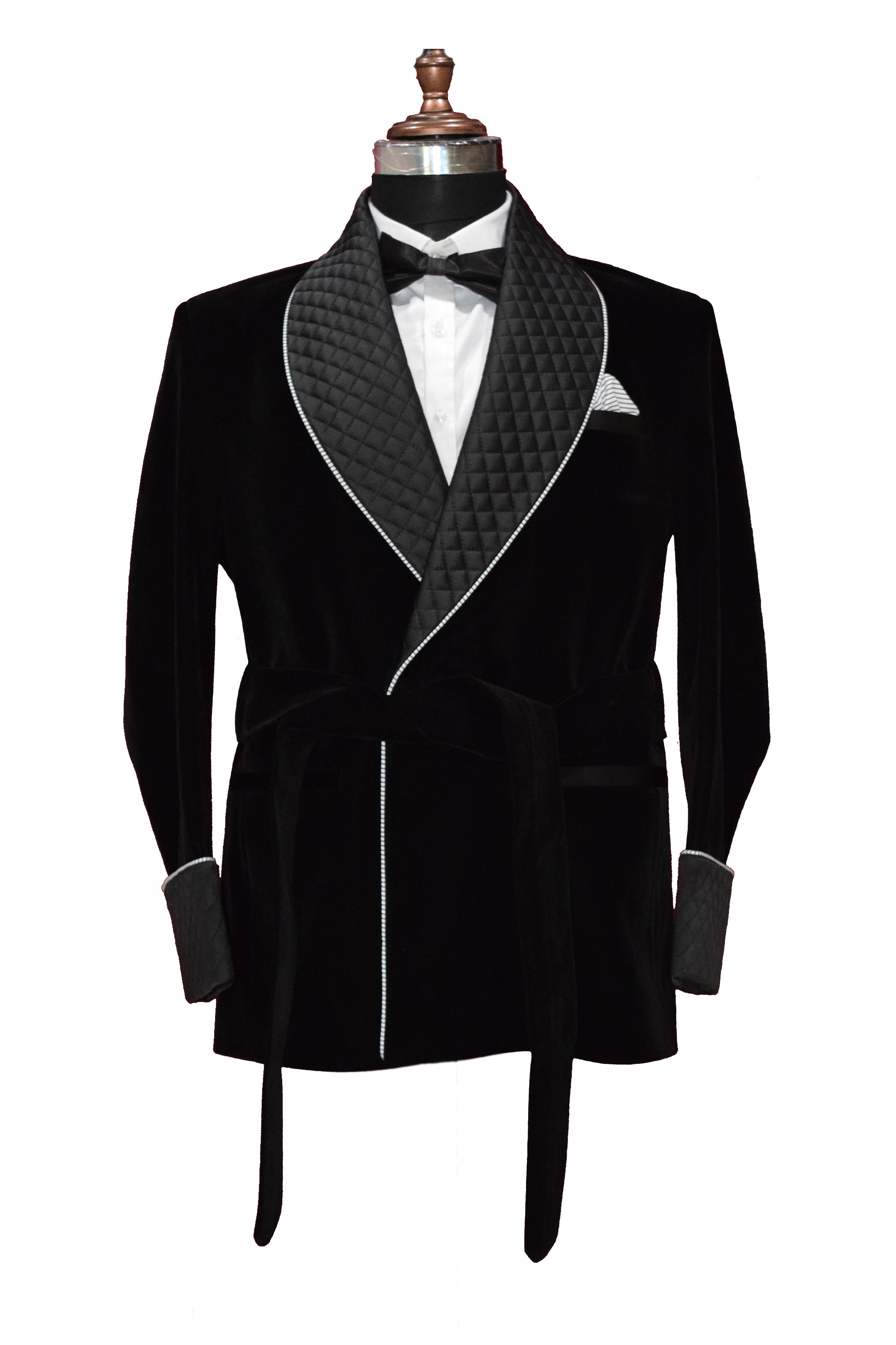Men Black Smoking Jacket Quilted Lapel, Cuffs with Belt