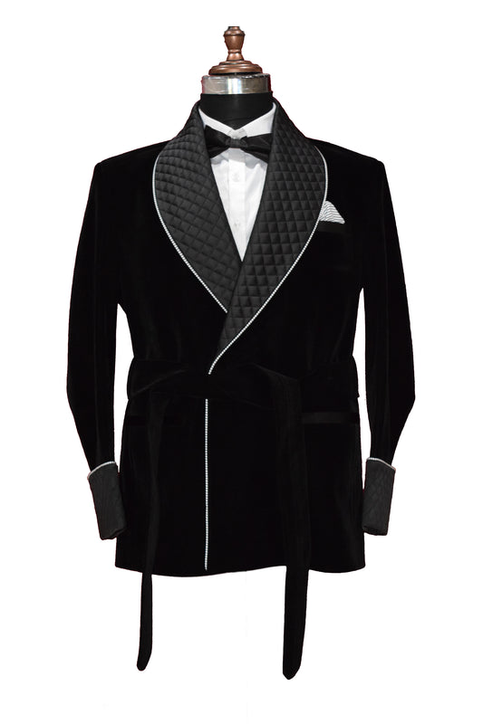 Men Black Smoking Jacket Quilted Lapel, Cuffs with Belt