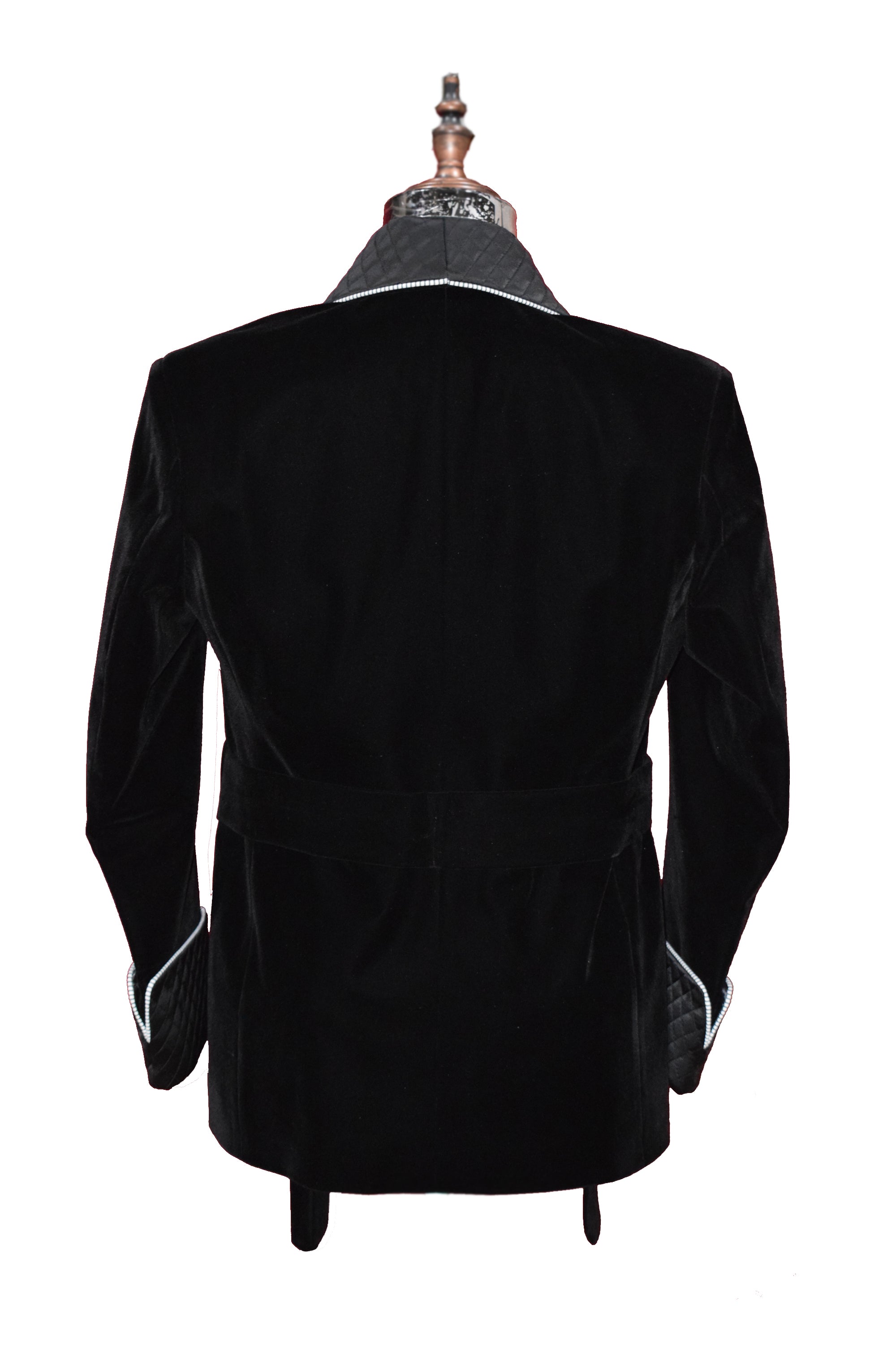 Men Black Smoking Jacket Quilted Lapel, Cuffs with Belt