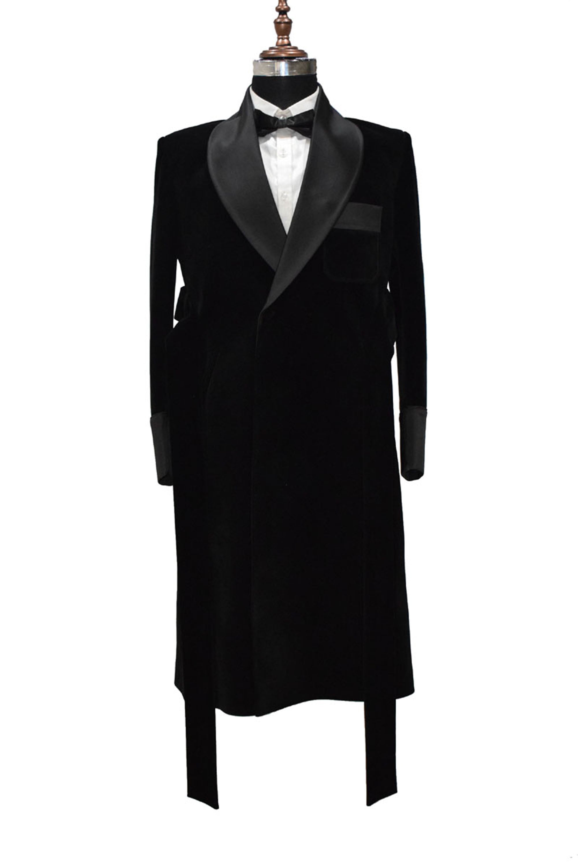 Men Black Velvet Smoking Jacket Long Coat Robe with Belt Elegant Evening Wear