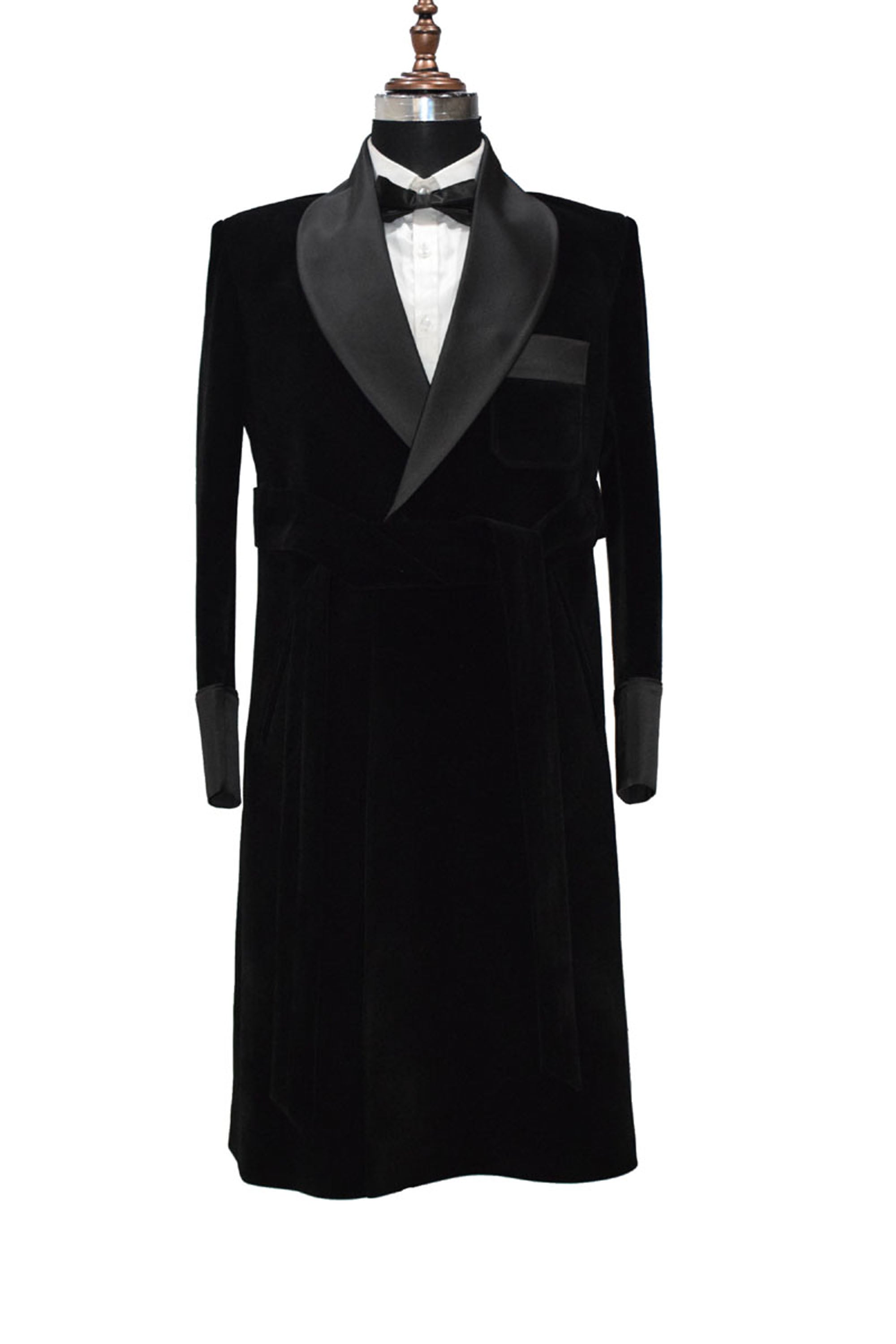 Men's black velvet smoking jacket long coat robe with quilted lapels and belt.