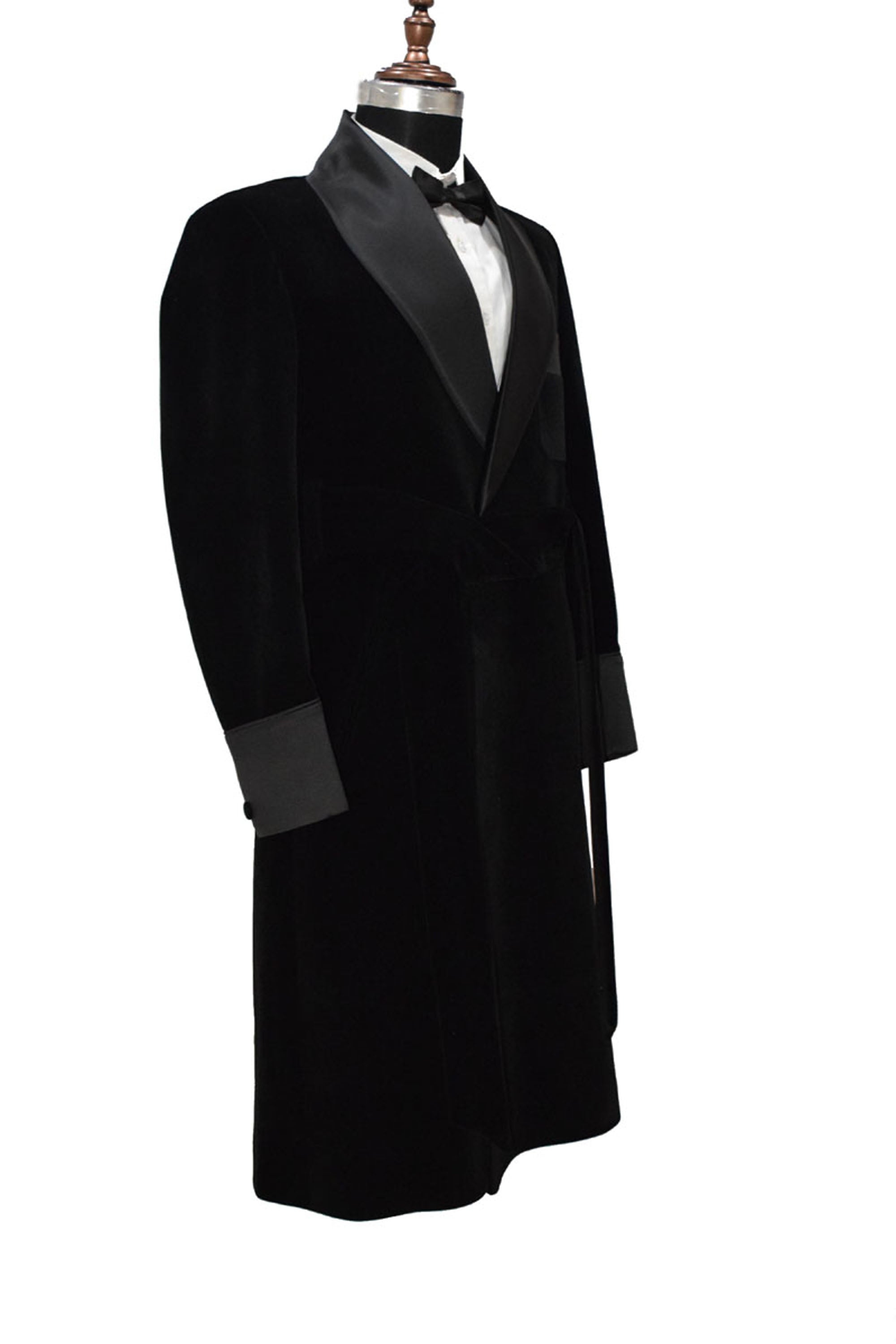Men Black Velvet Smoking Jacket Long Coat Robe with Belt Elegant Evening Wear