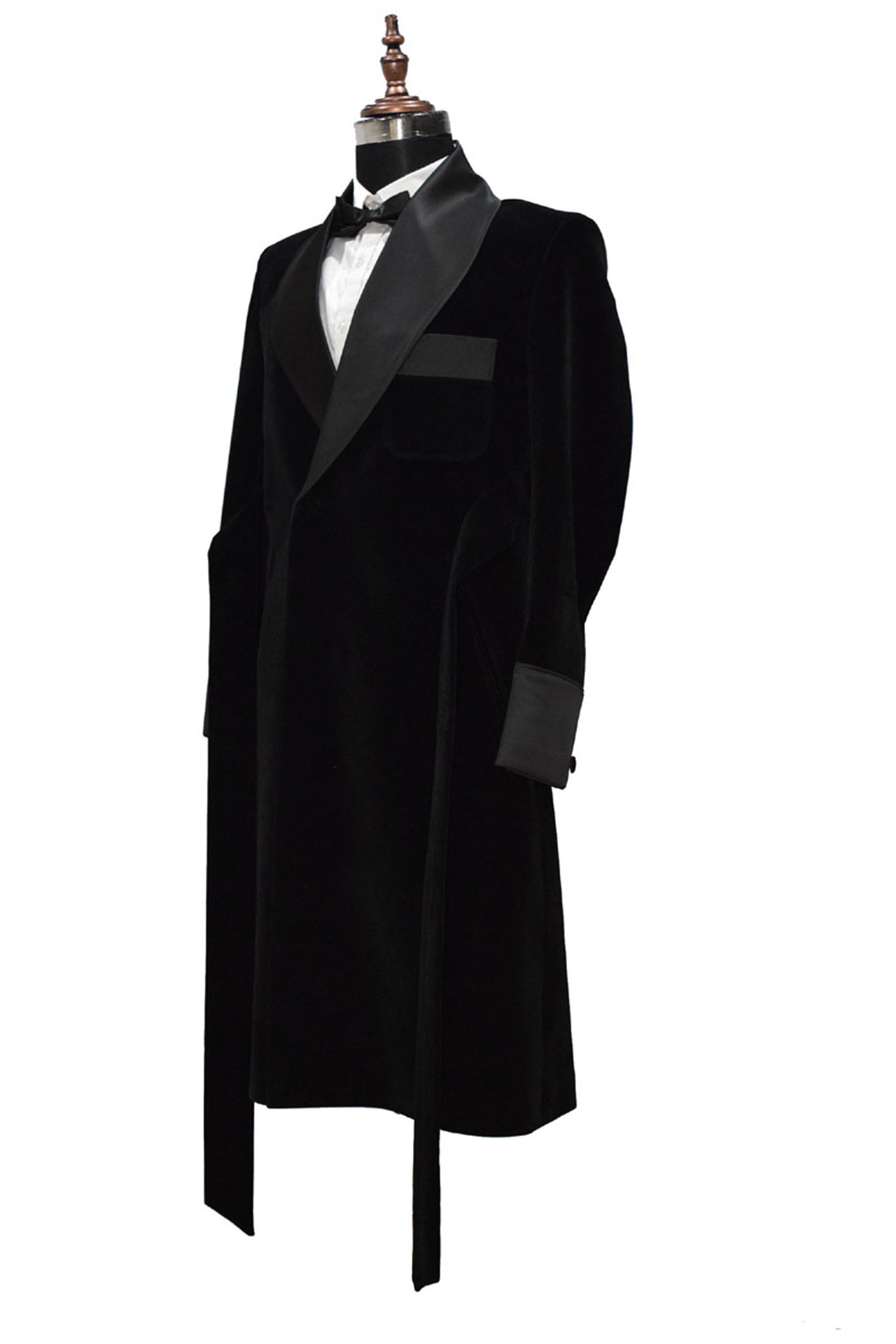 Men Black Velvet Smoking Jacket Long Coat Robe with Belt Elegant Evening Wear