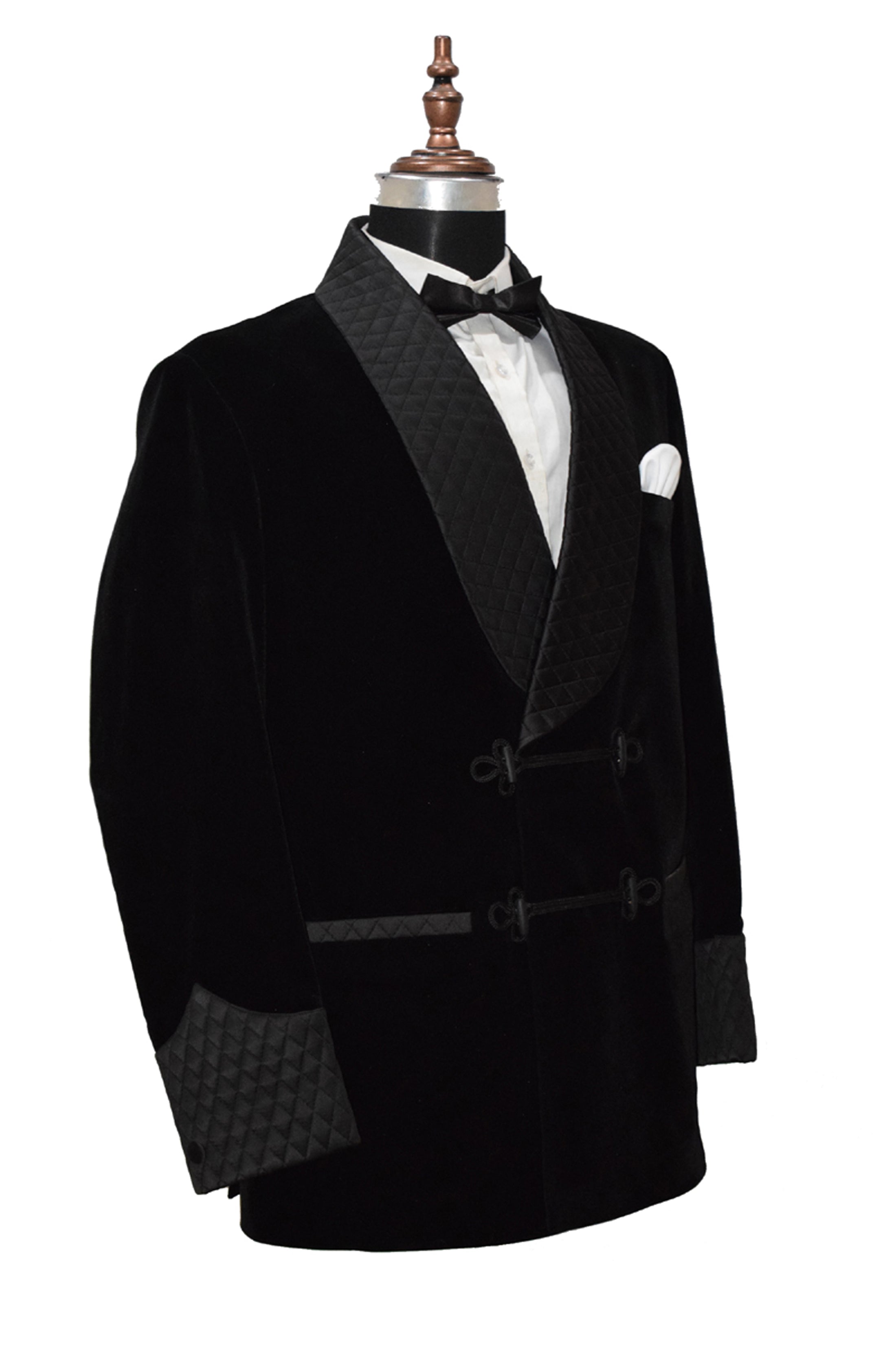 Men Black Velvet Smoking Quilted Jacket with Frog Closure