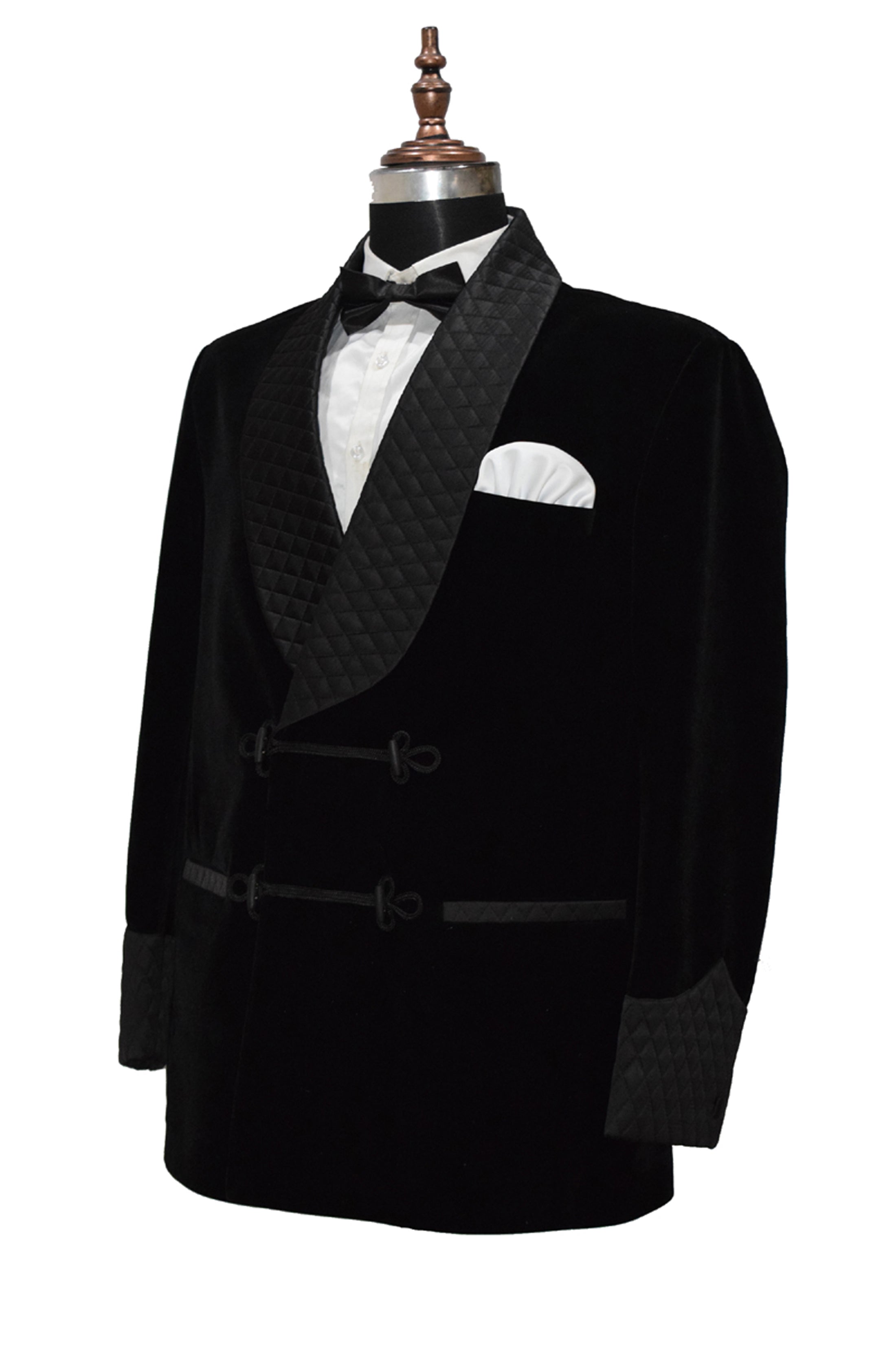 Men Black Velvet Smoking Quilted Jacket with Frog Closure