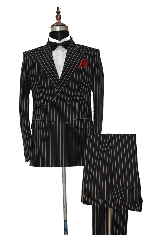 Men's black striped suit with peak lapel, perfect for formal occasions.