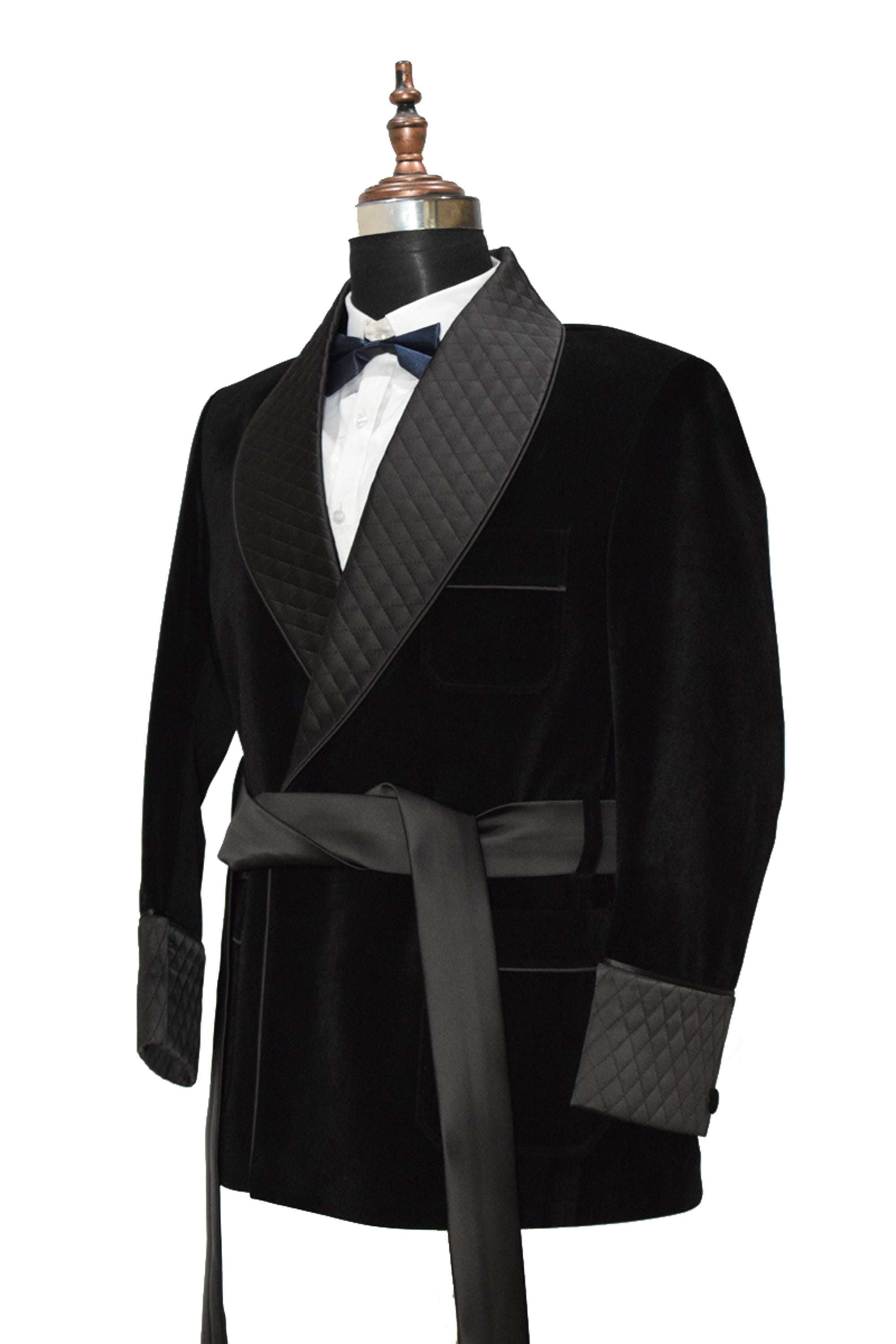 Men Black Velvet Smoking Jacket with Black Quilted Lapel, Cuffs and Satin Belt