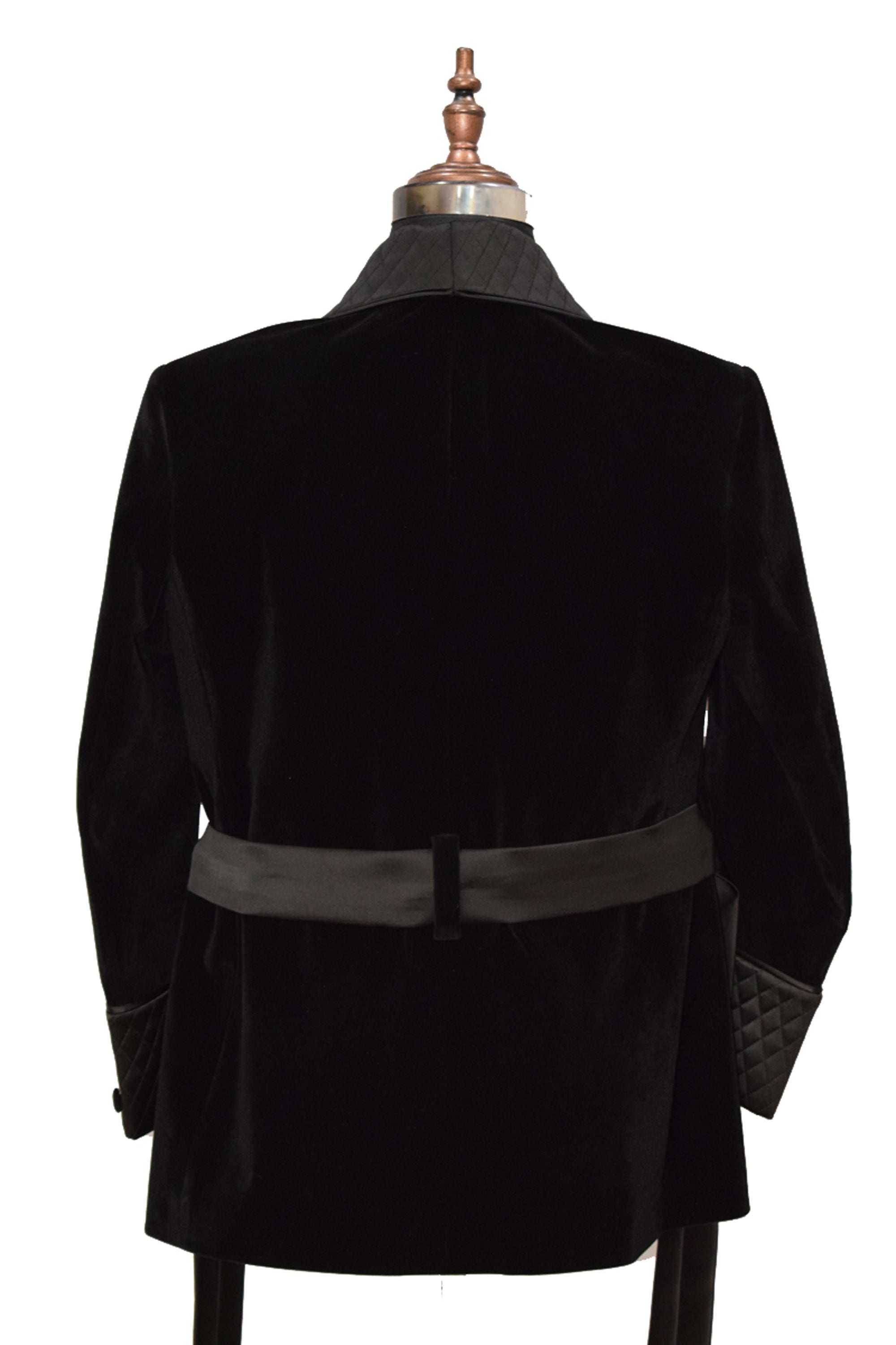 Men Black Velvet Smoking Jacket with Black Quilted Lapel, Cuffs and Satin Belt
