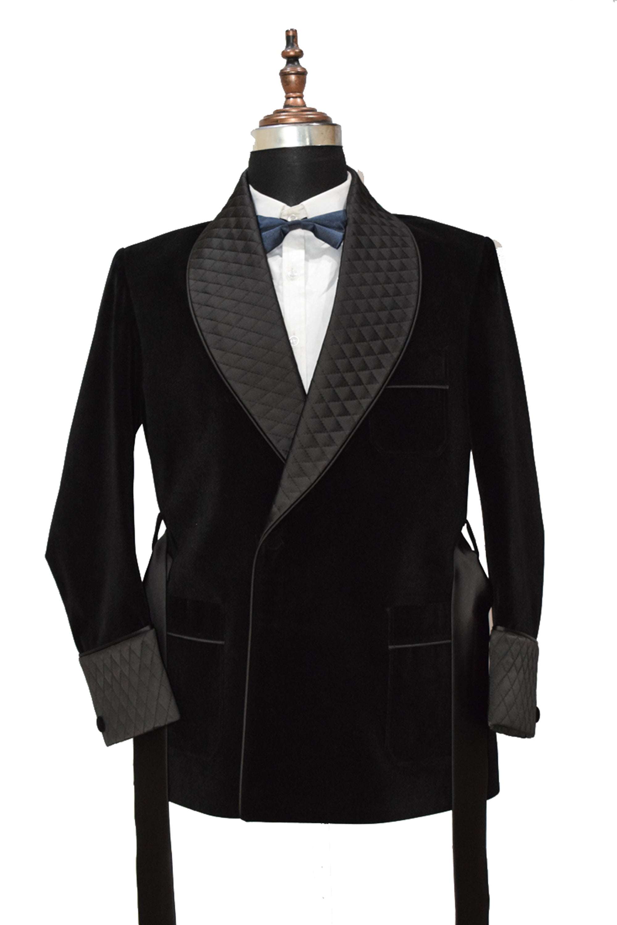 Men Black Velvet Smoking Jacket with Black Quilted Lapel, Cuffs and Satin Belt