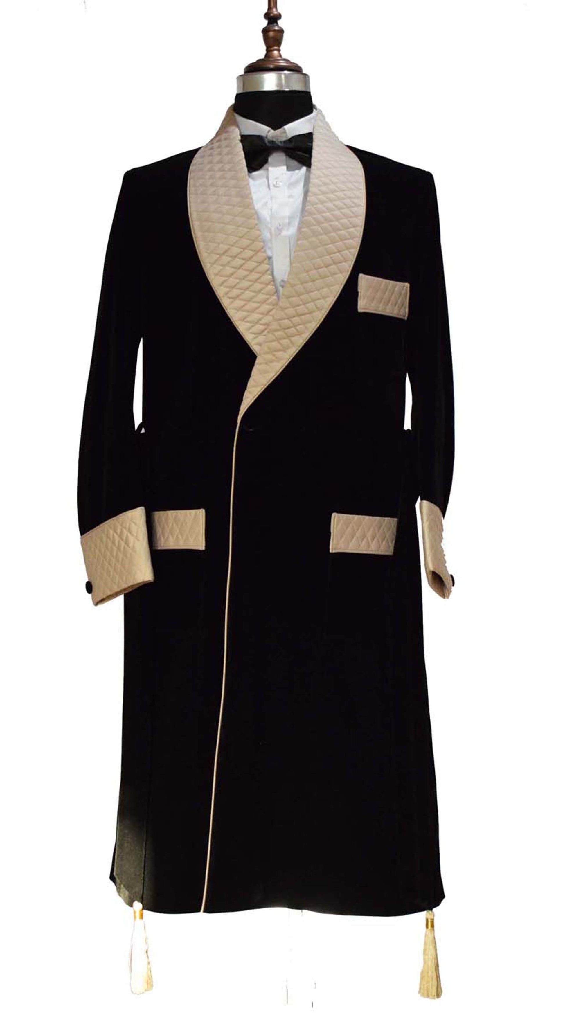 Men's black smoking jacket long coat with quilted lapel, cuffs, and belt in premium velvet.
