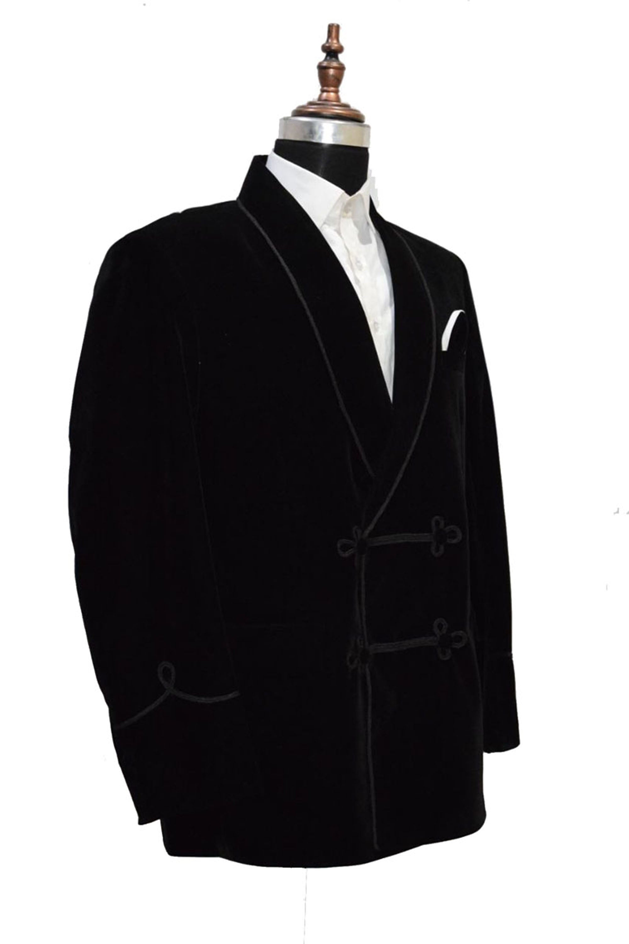 Men Black Velvet Smoking Jacket with Frog Closure