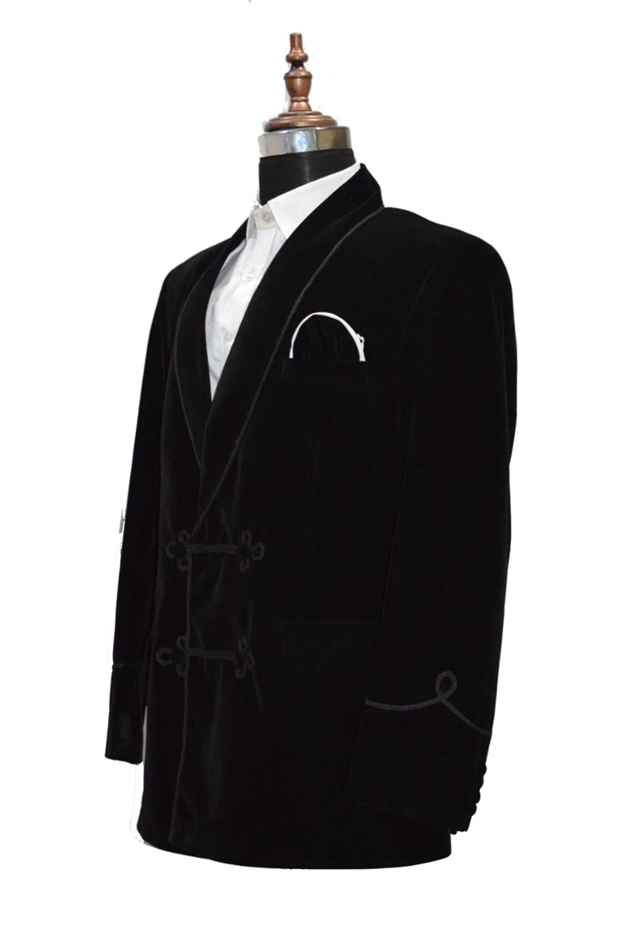 Men Black Velvet Smoking Jacket with Frog Closure