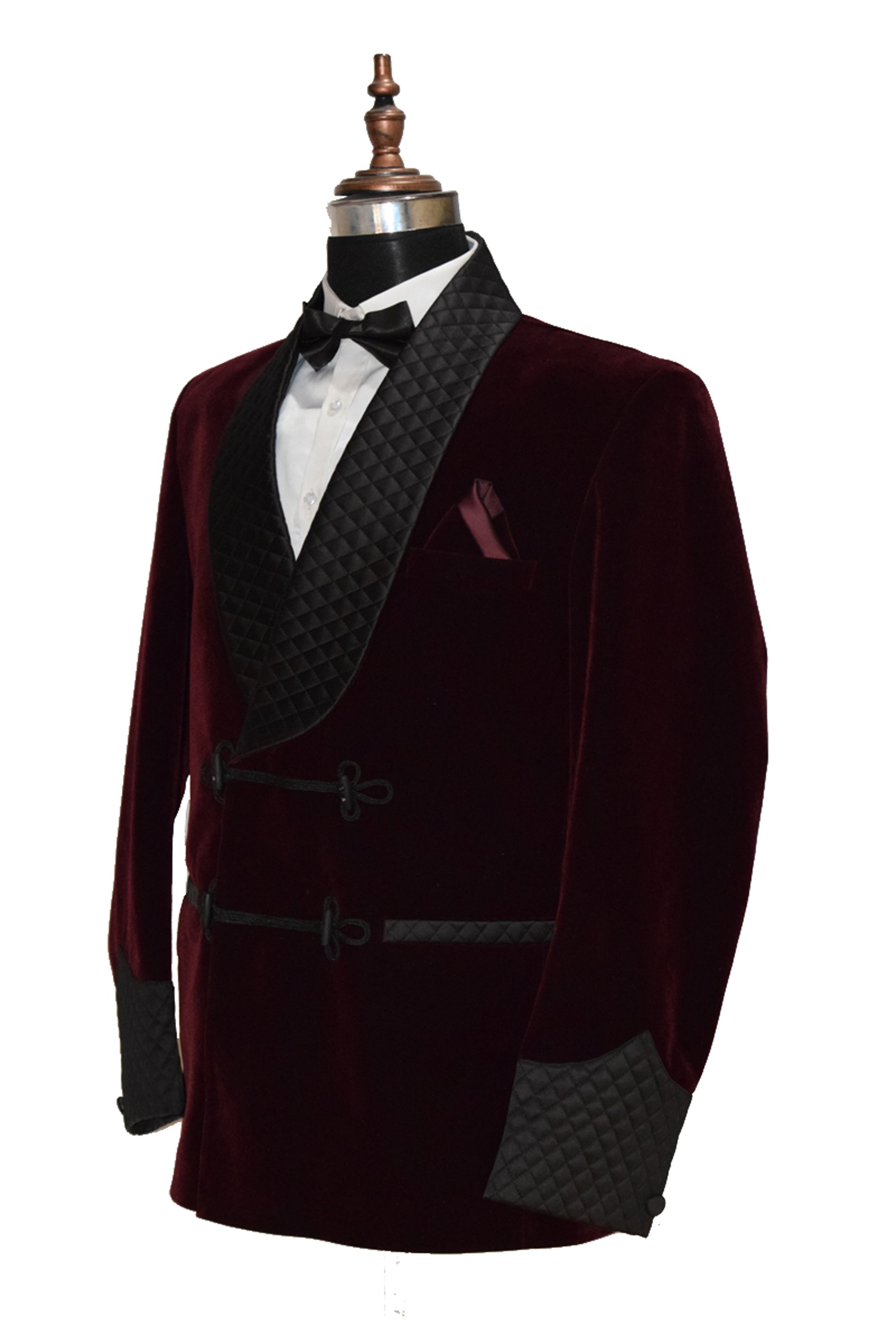 Men Burgundy Velvet Smoking Quilted Jacket with Frog Closure