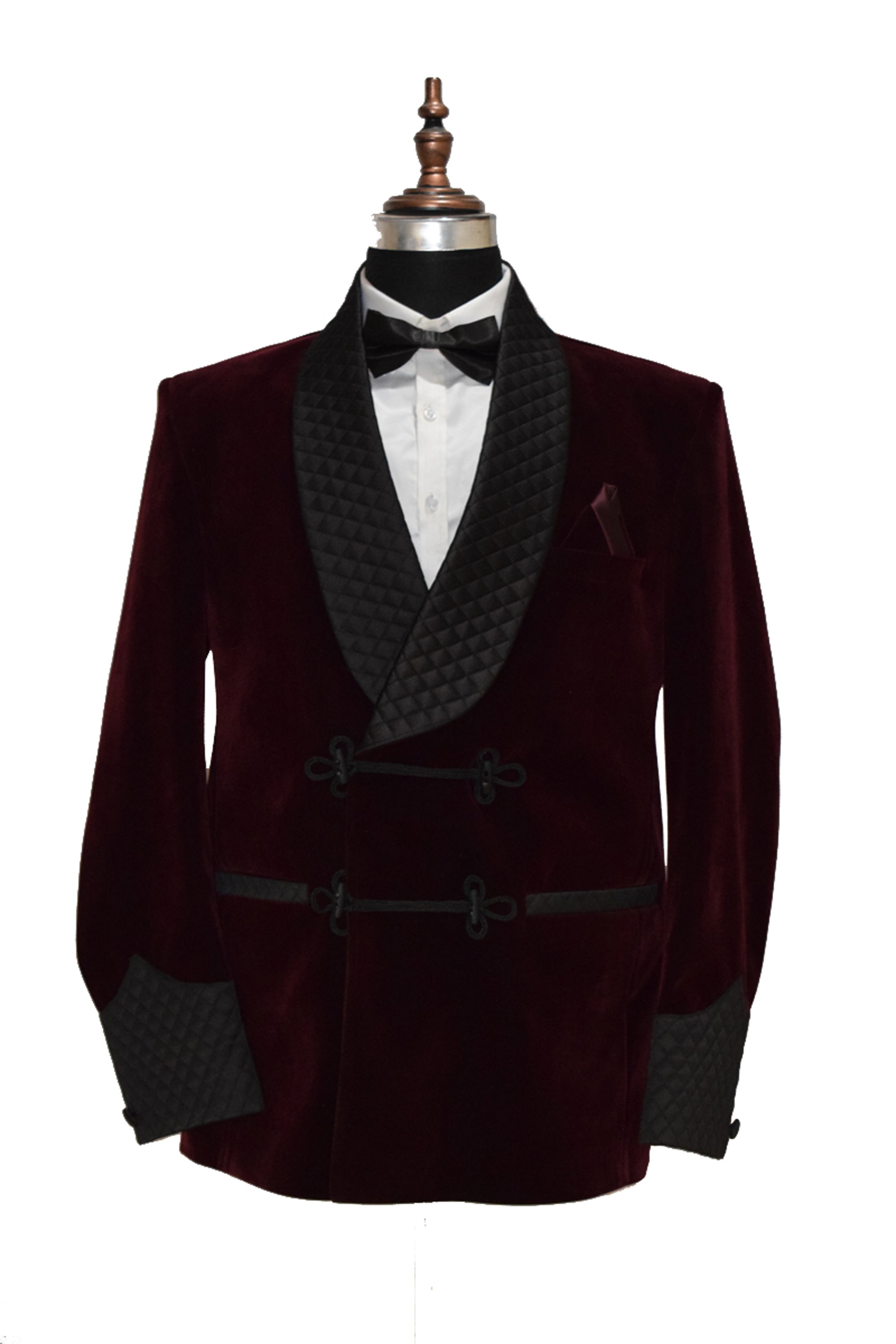 Men's burgundy velvet smoking jacket with frog closure and quilted shawl collar.
