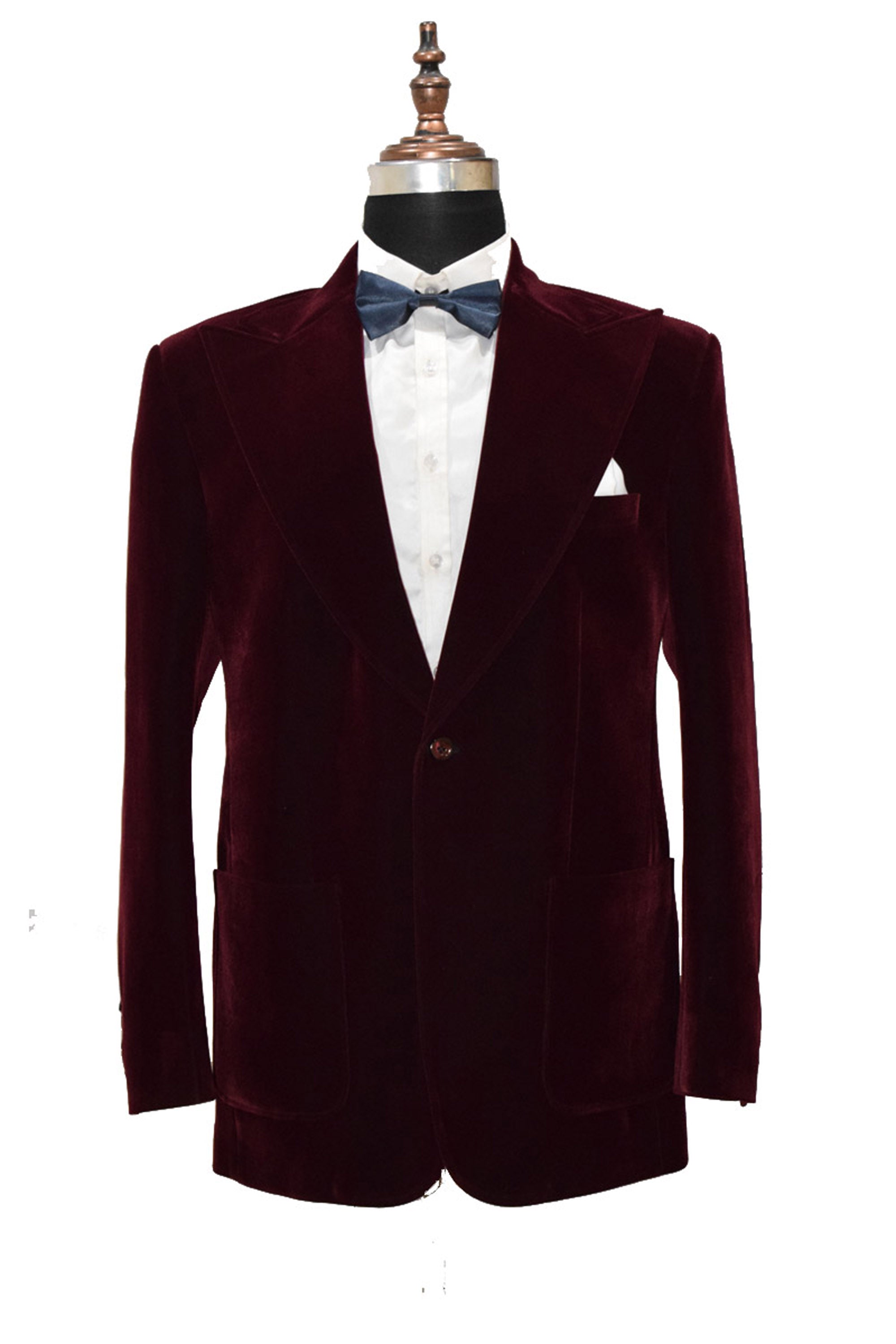 Men's burgundy smoking jacket with quilted lapel and frog closure.