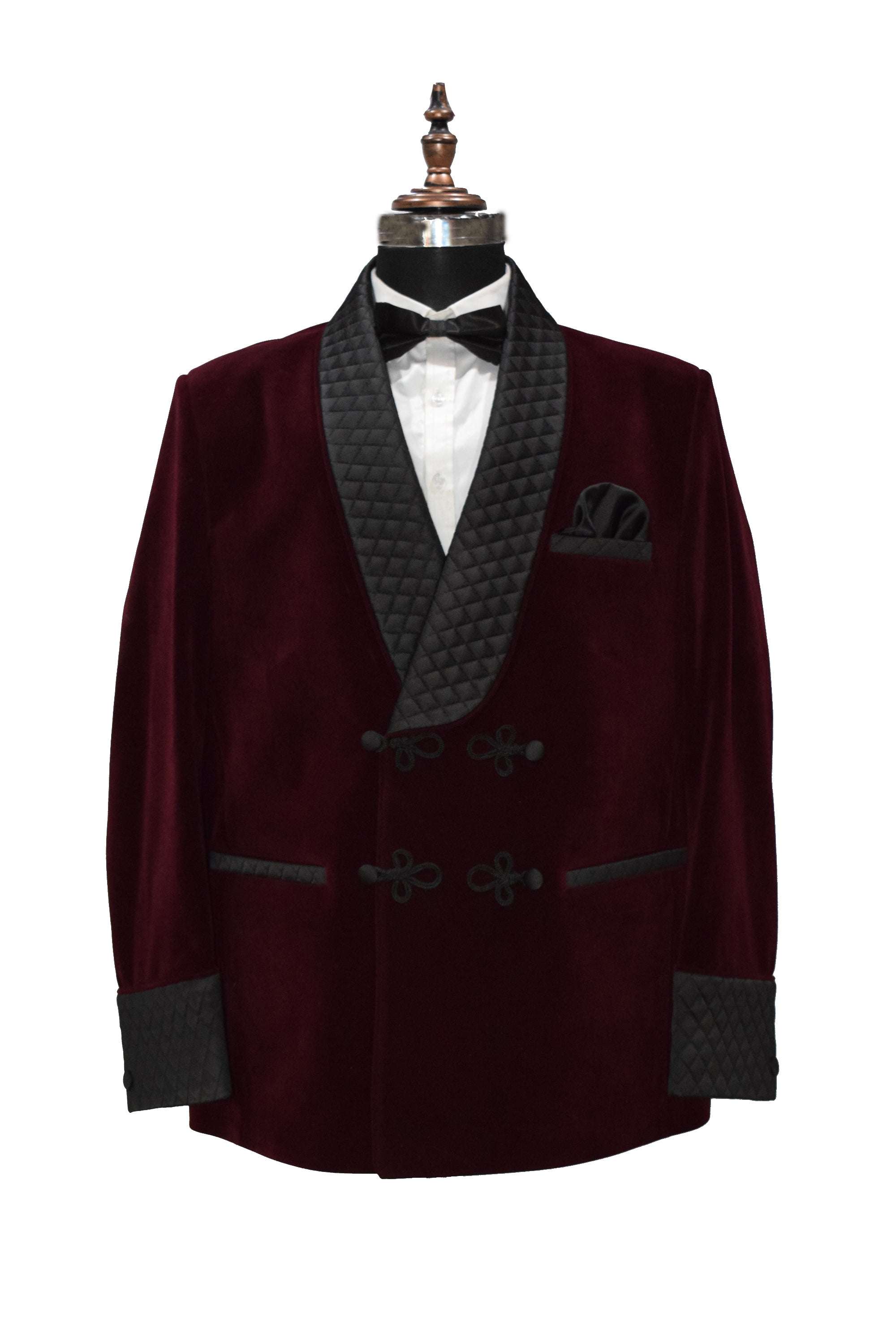 Men's burgundy smoking jacket with quilted lapel, frog closure, and tailored fit.