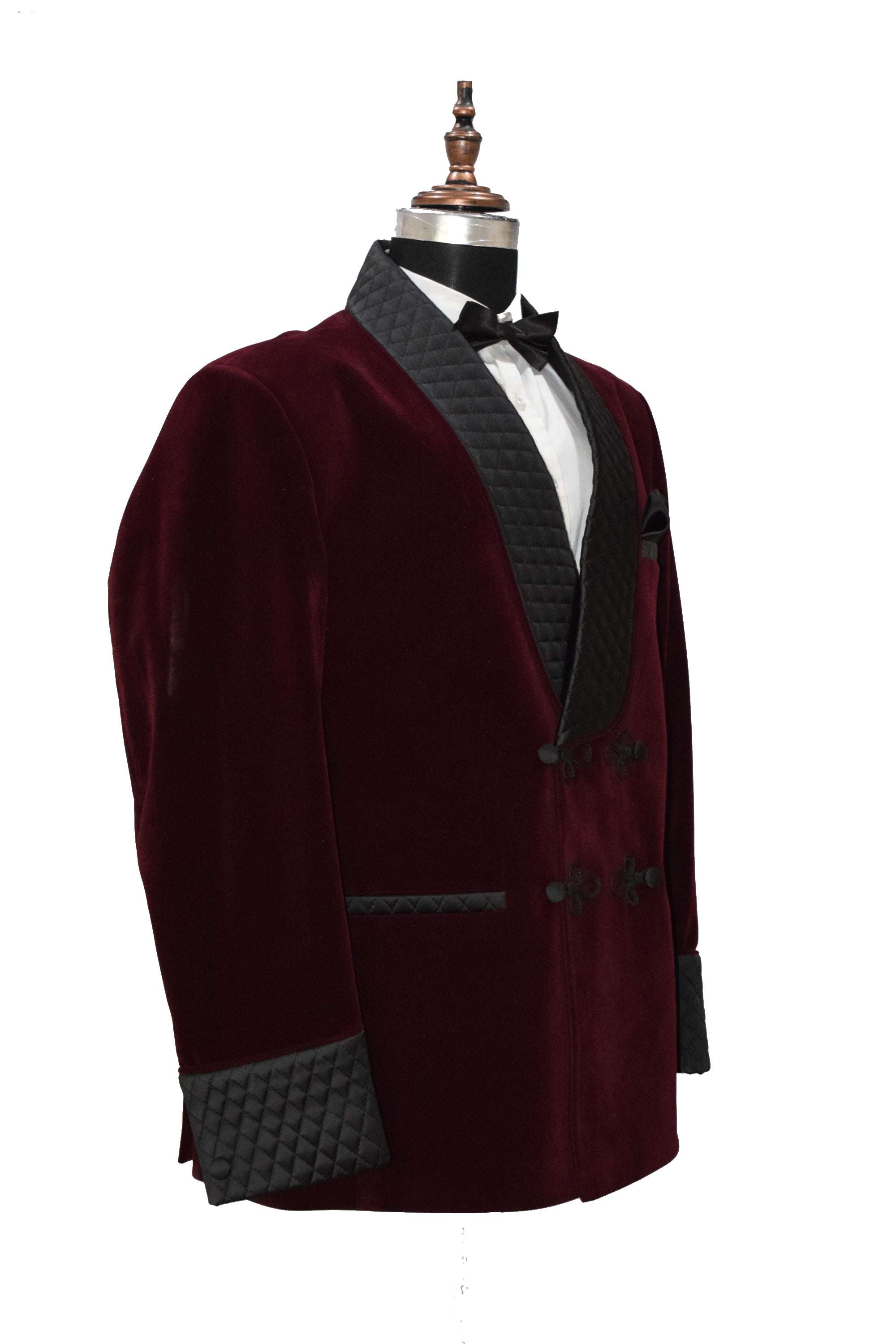 Men Smoking Jacket Burgundy Quilted Lapel, Cuffs with Frog Closure