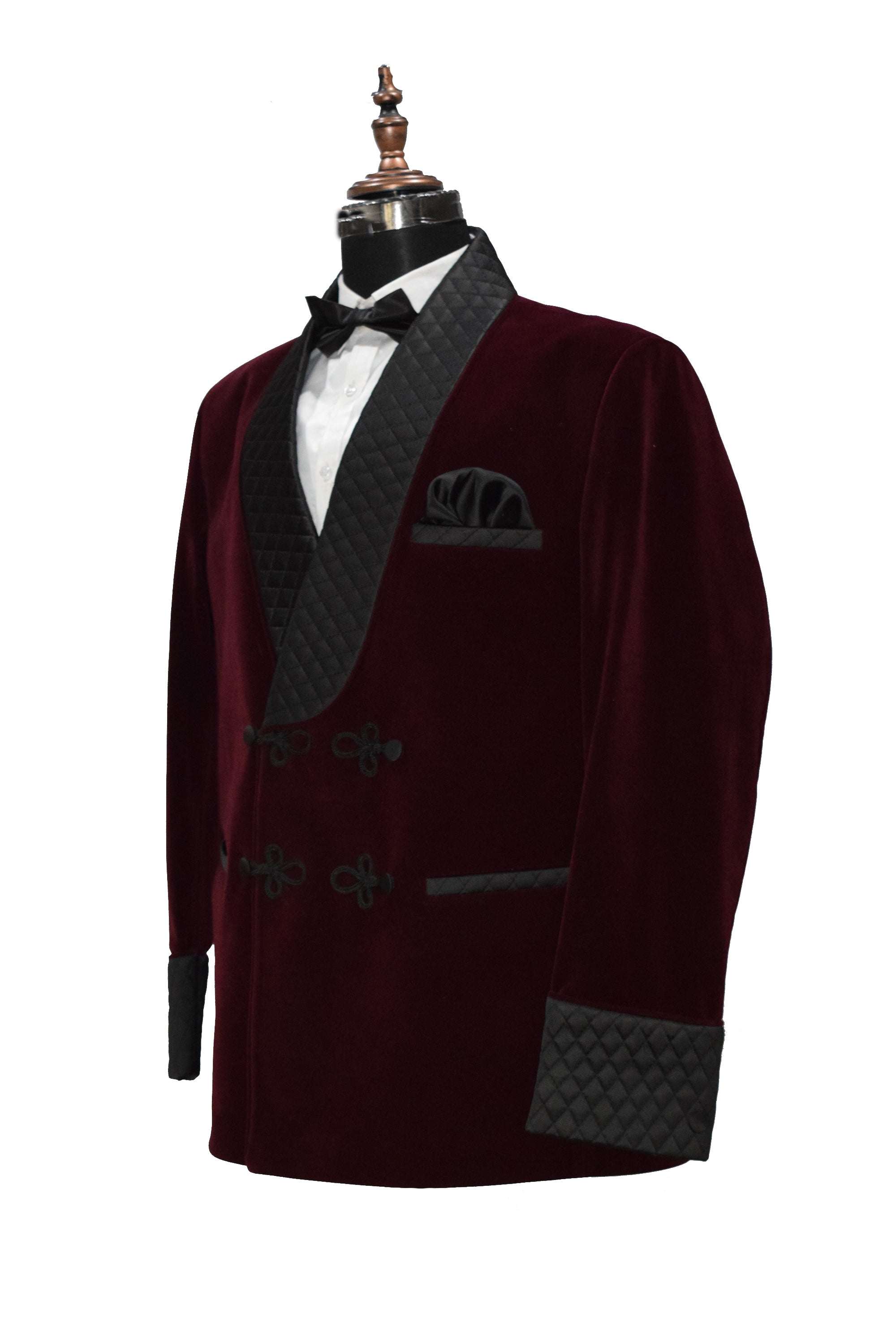 Men Smoking Jacket Burgundy Quilted Lapel, Cuffs with Frog Closure