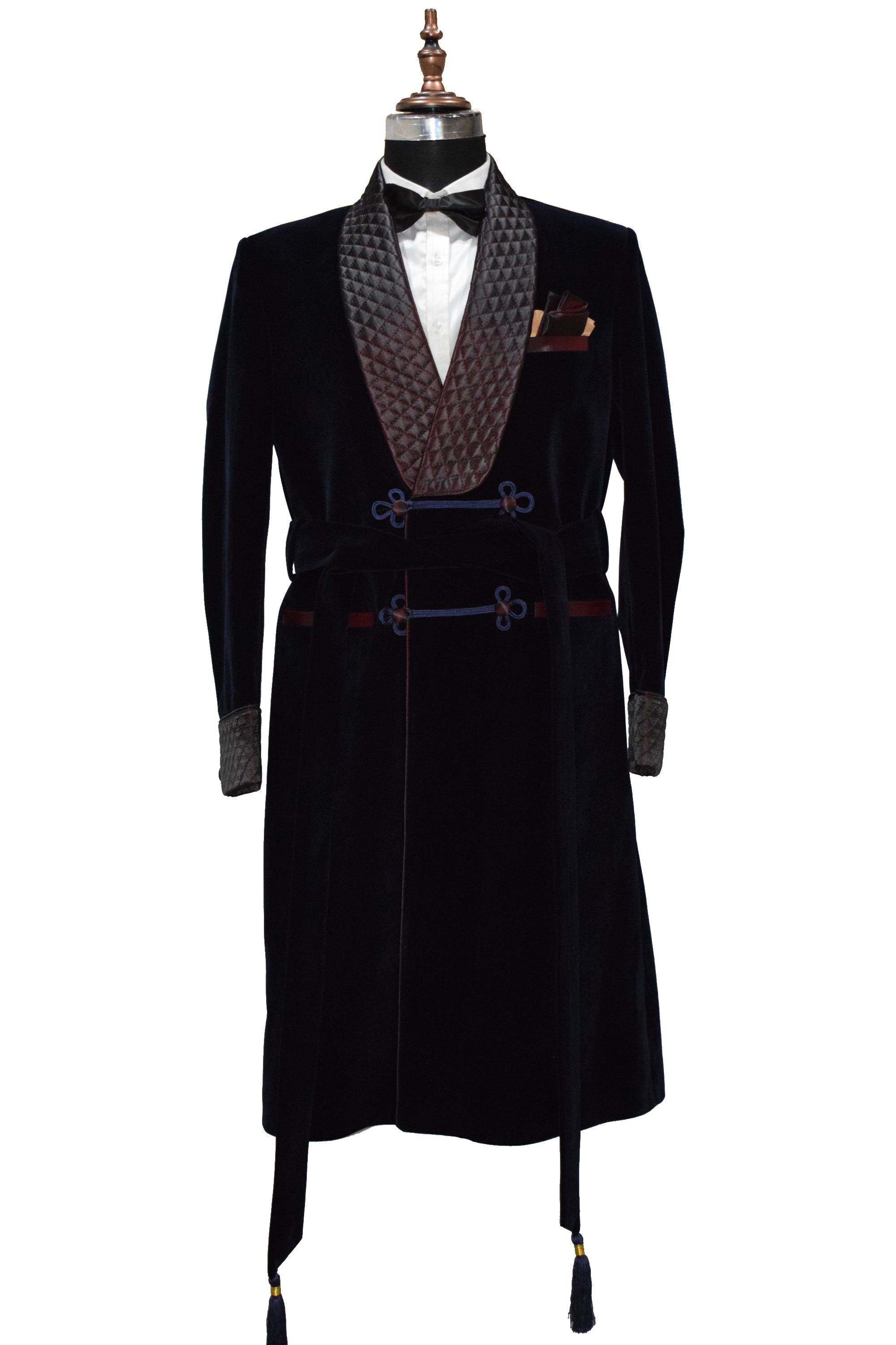 Navy Blue Smoking Jacket Long Coat with Quilted Lapel, Cuffs and Belt