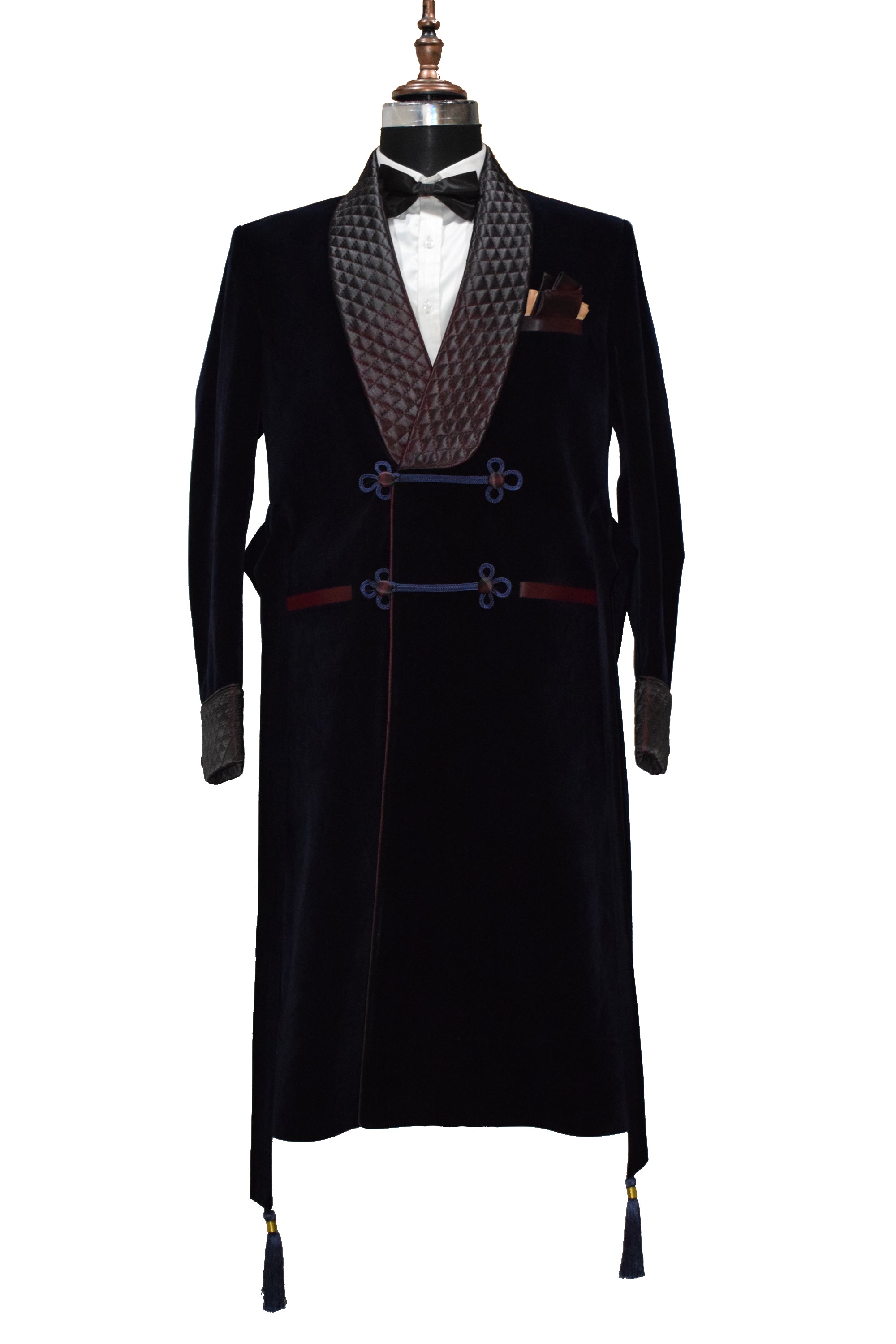 Navy Blue Smoking Jacket Long Coat with Quilted Lapel, Cuffs and Belt