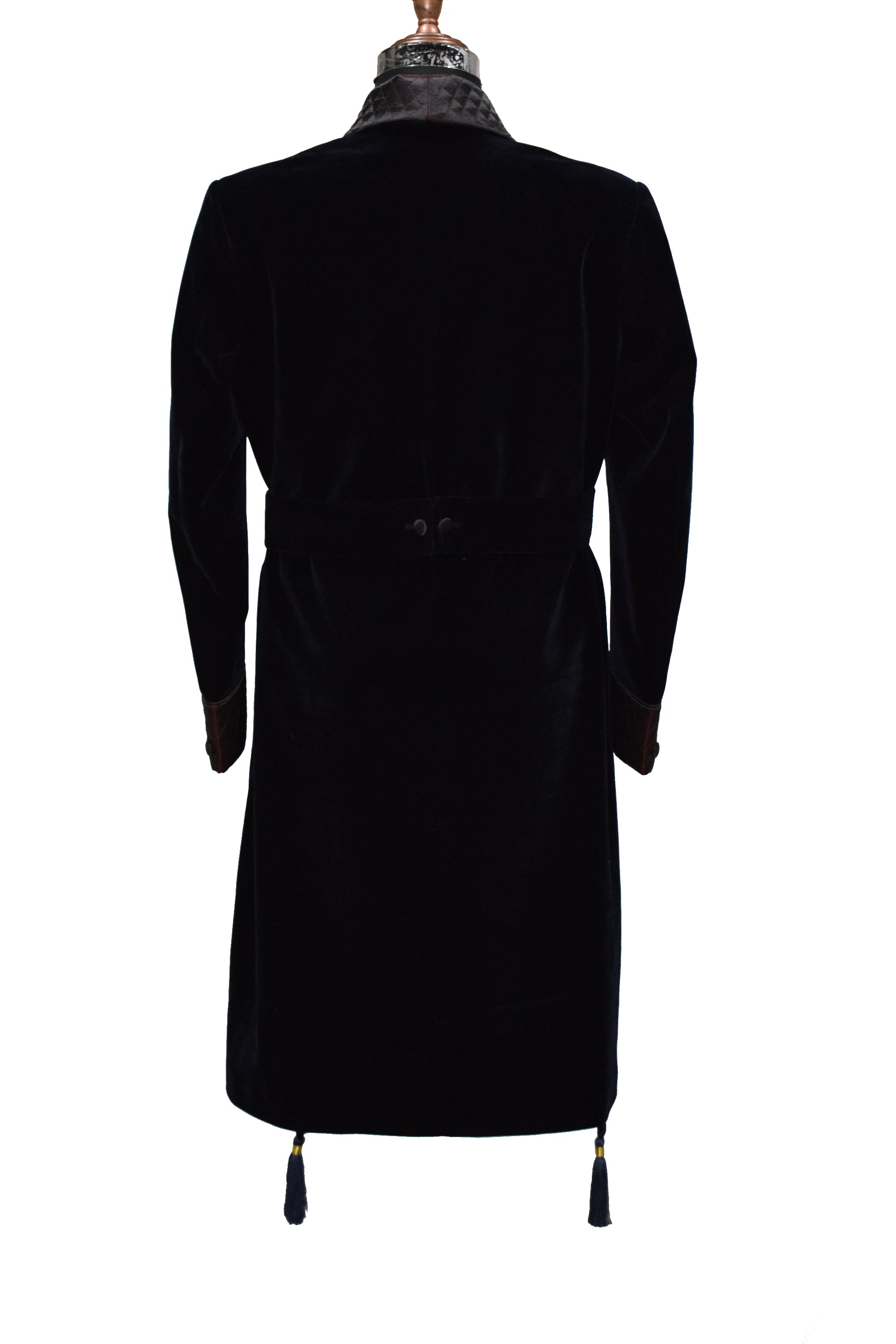 Navy Blue Smoking Jacket Long Coat with Quilted Lapel, Cuffs and Belt