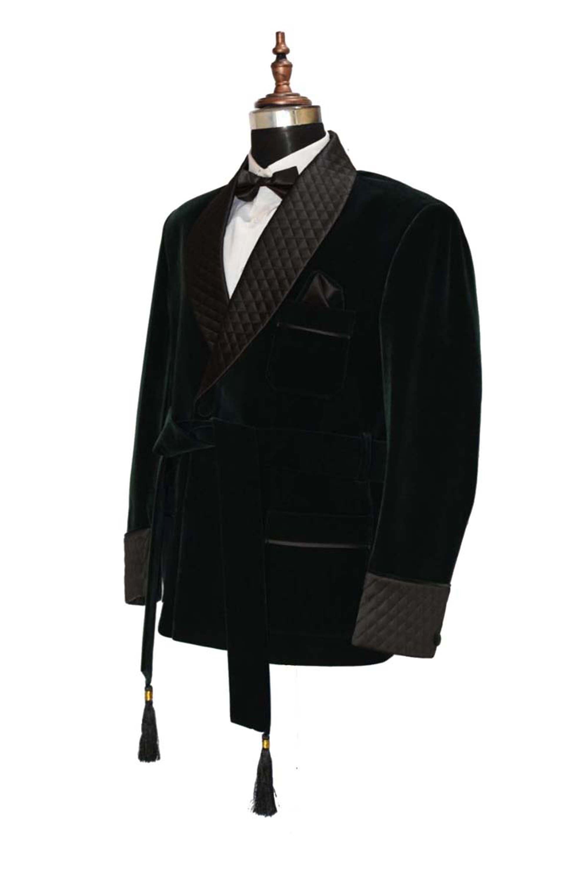 Men Green Smoking Jacket with Black Quilted Lapel, Cuffs With Belt