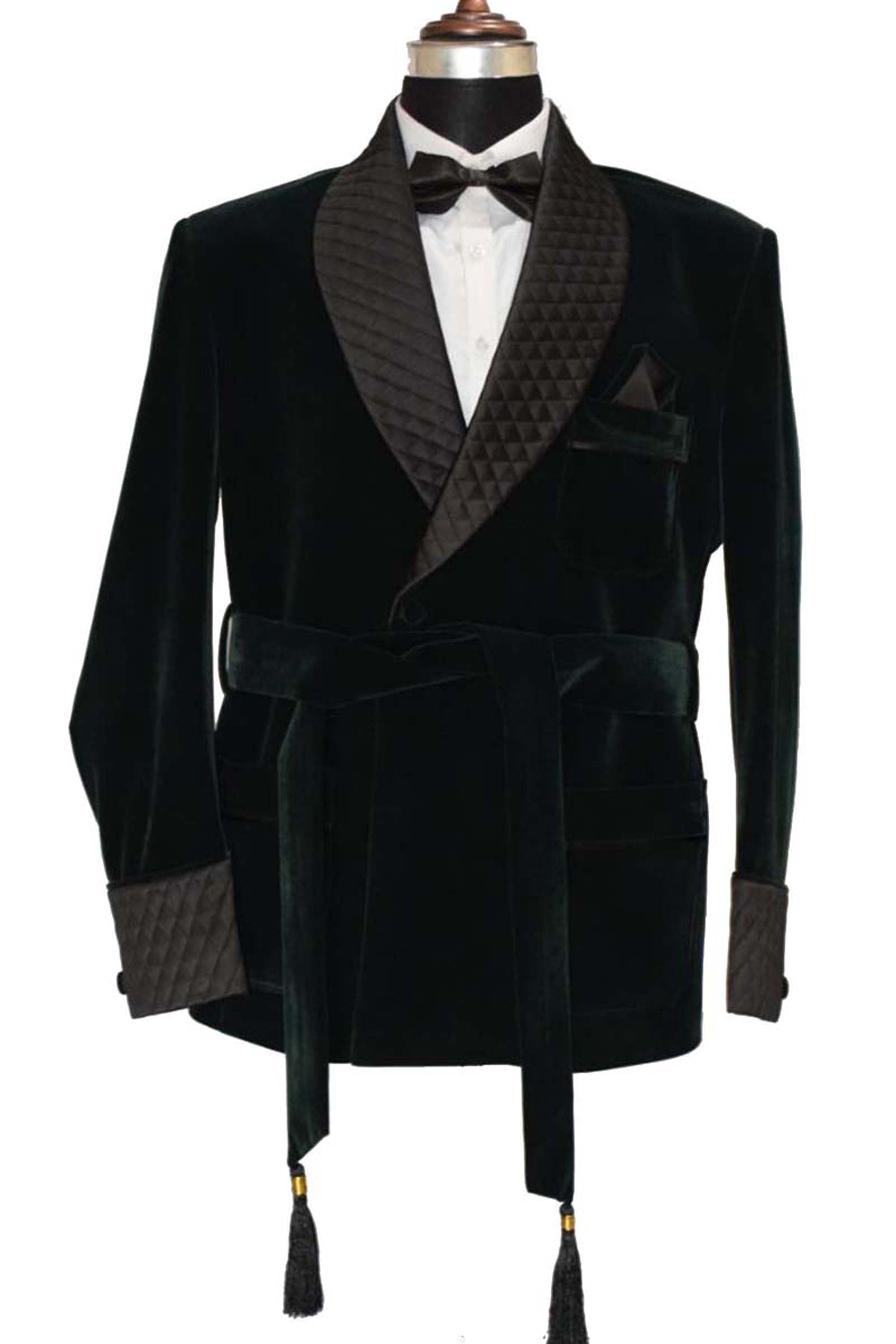 Men Green Smoking Jacket with Black Quilted Lapel, Cuffs With Belt
